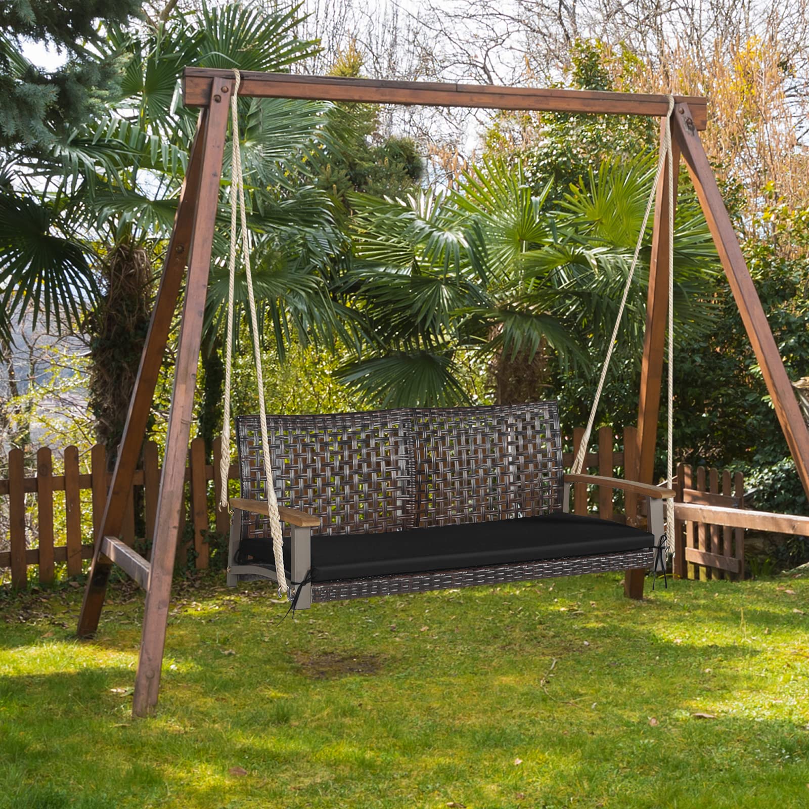 Tangkula 2-Person PE Wicker Porch Swing Bench - Outdoor Hanging Chair with Soft Cushion & Heavy Duty Chains (118