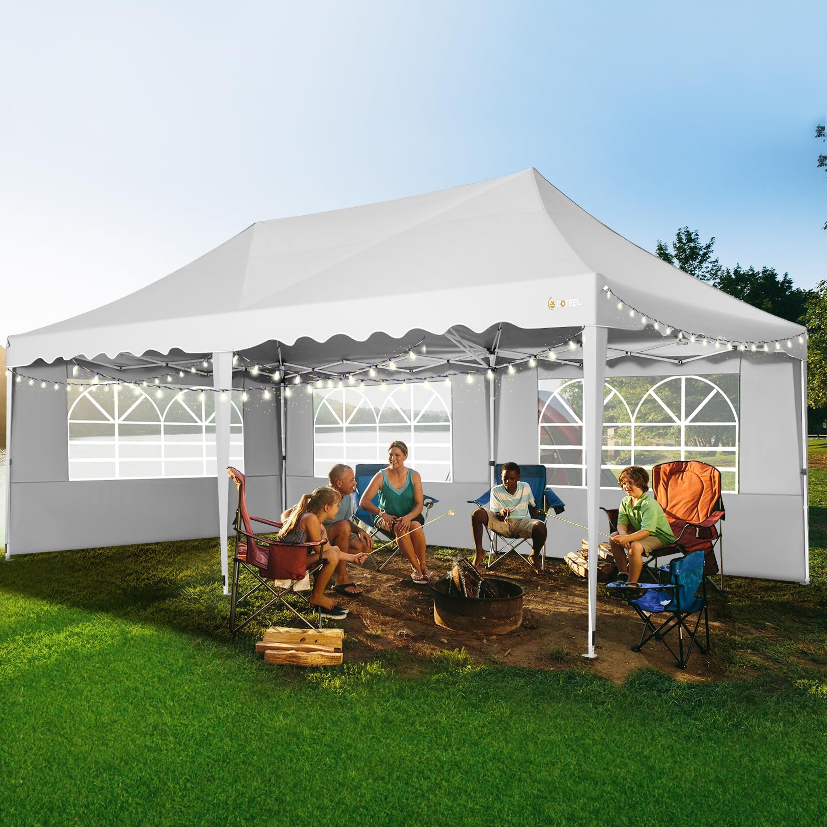 HOTEEL 10x20 Pop Up Canopy Tent - Waterproof & Easy Setup with 6 Sidewalls, 4 Sandbags & Wheeled Carry Bag | Sunproof Outdoor Shelter for Backyard Parties, Weddings, Events, Patio Gatherings & Camping | White Instant Canopy for Commercial or Personal Use