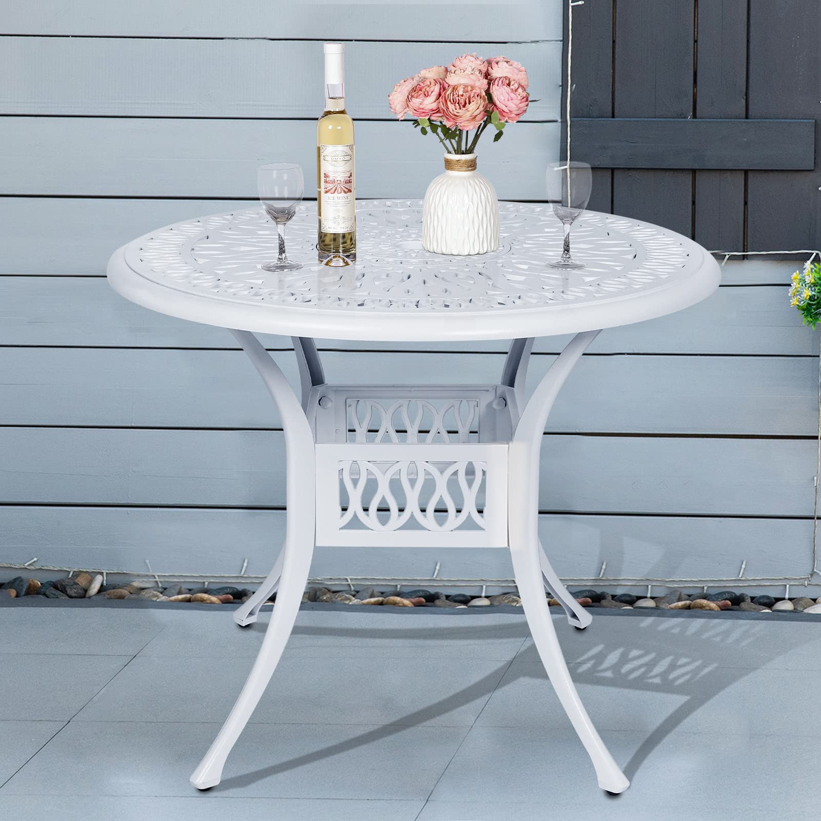 MEETWARM 35.4 Inch Round Outdoor Dining Table - Weather-Resistant Cast Aluminum Patio Table with 2 Inch Umbrella Hole in White - Perfect for Backyard, Garden, Poolside & Outdoor Entertaining