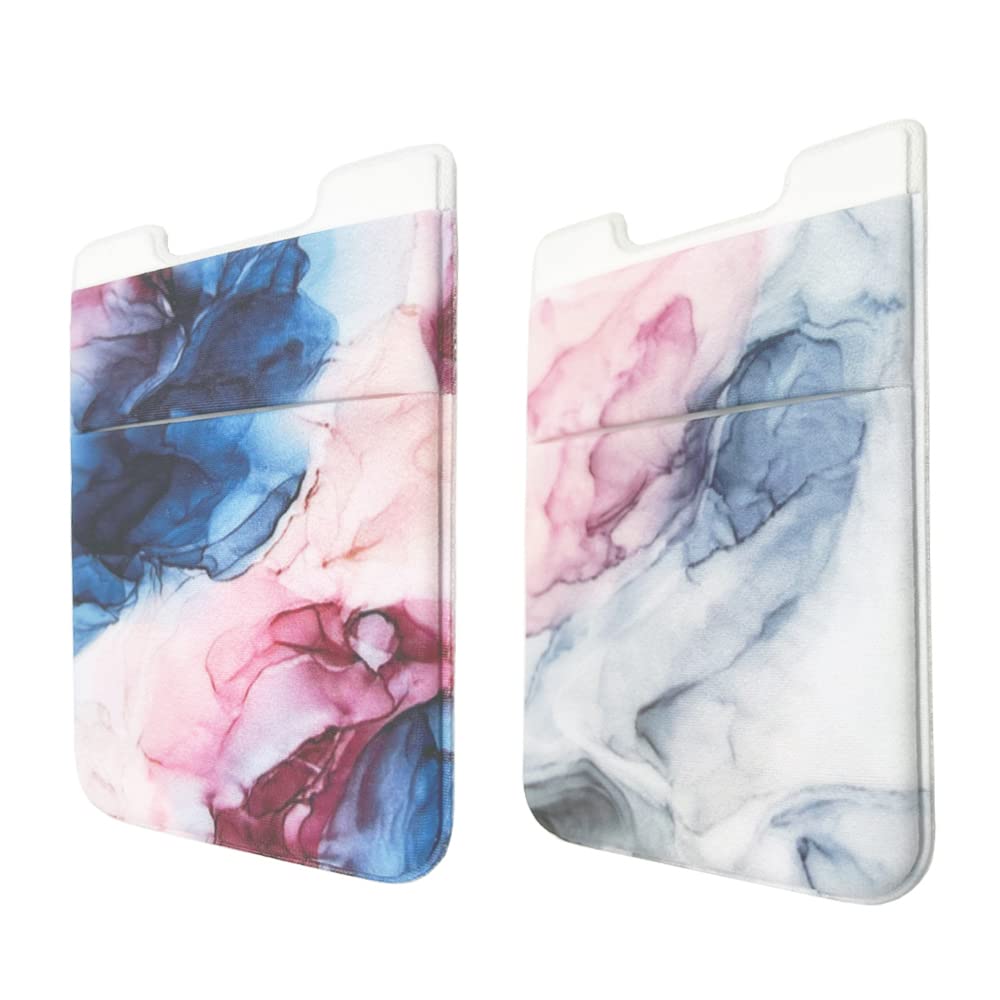 2 Pack Stretchy Lycra Phone Card Holder - Slim Wallet Pocket for Credit Cards, ID & Cash with 3M Adhesive Sticker - Compatible with iPhone, Samsung Galaxy & Android Smartphones (Pink Grey Marble) - Perfect for Travel, Gym & Everyday Use