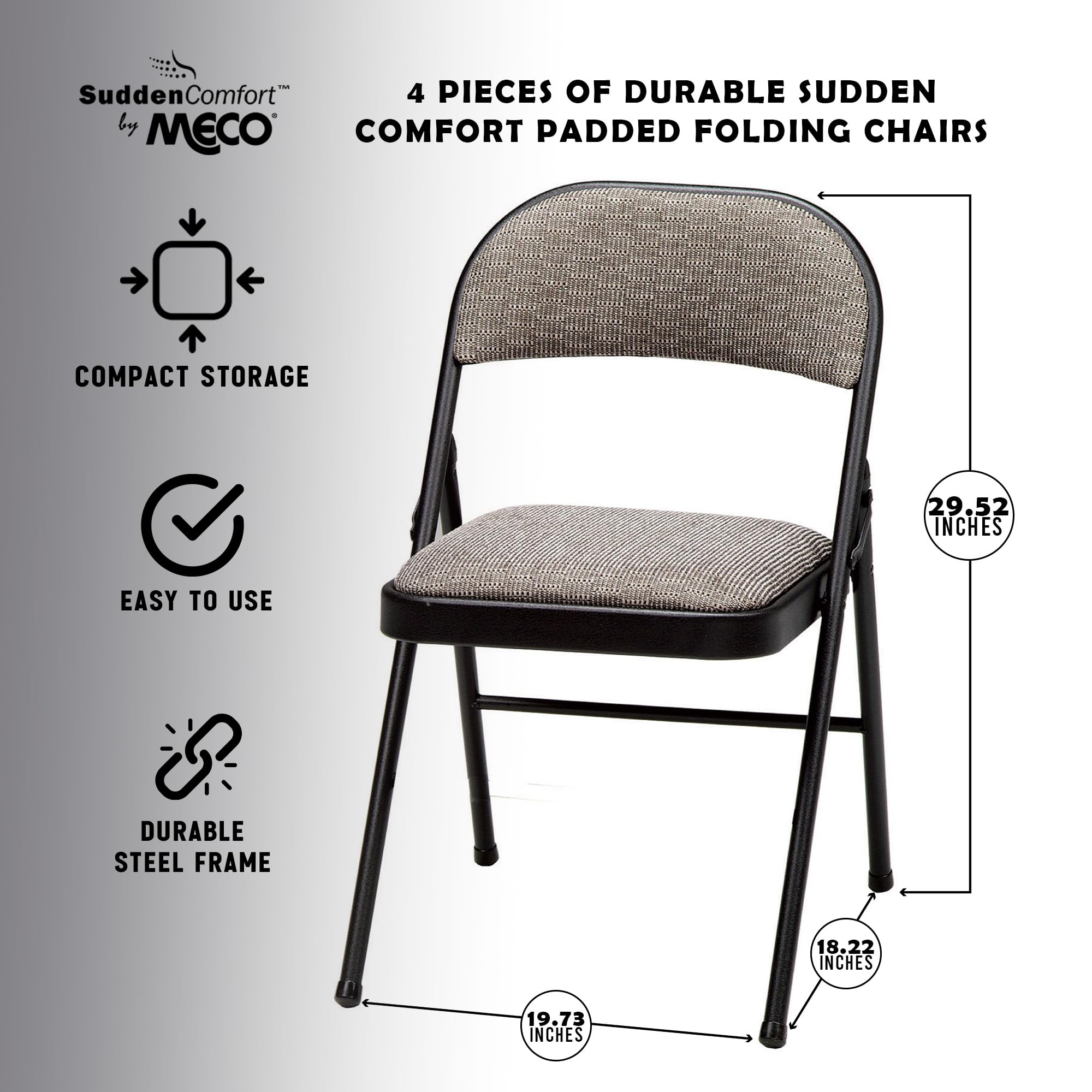MECO 4 Pack Padded Folding Chairs - Cushioned Metal Fabric Foldable Chairs for Indoor & Outdoor Use, Black - Perfect for Parties, Camping, Picnics & Home Events