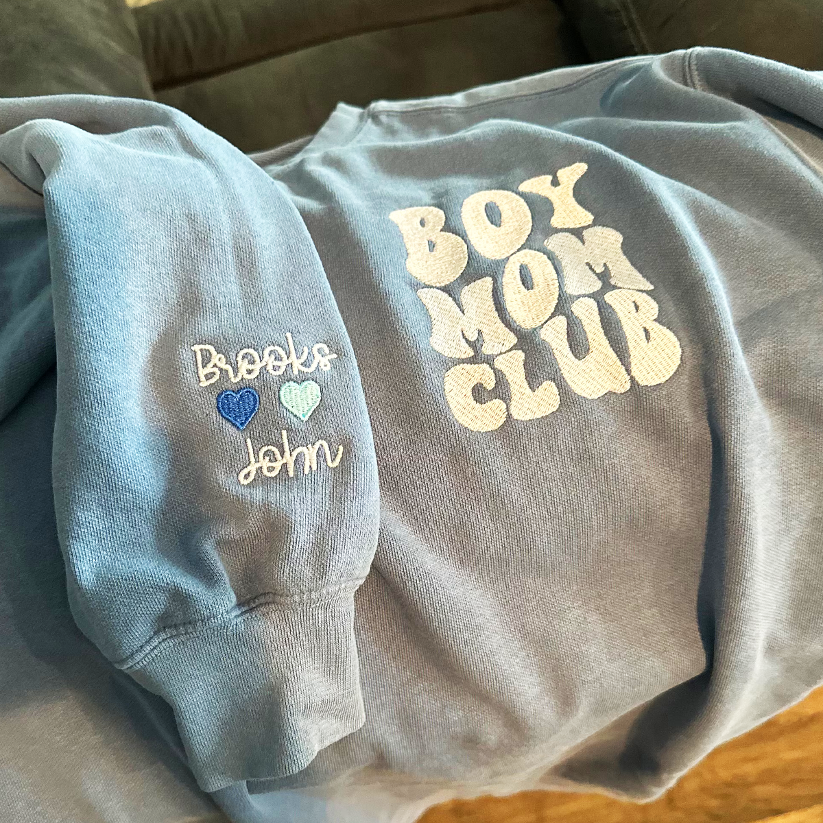 Custom Embroidered Boy Mom Club Sweatshirt & T-Shirt with Kids Names on Sleeve - Perfect for Family Matching Outfits, Mother's Day Gifts & Proud Mom Apparel