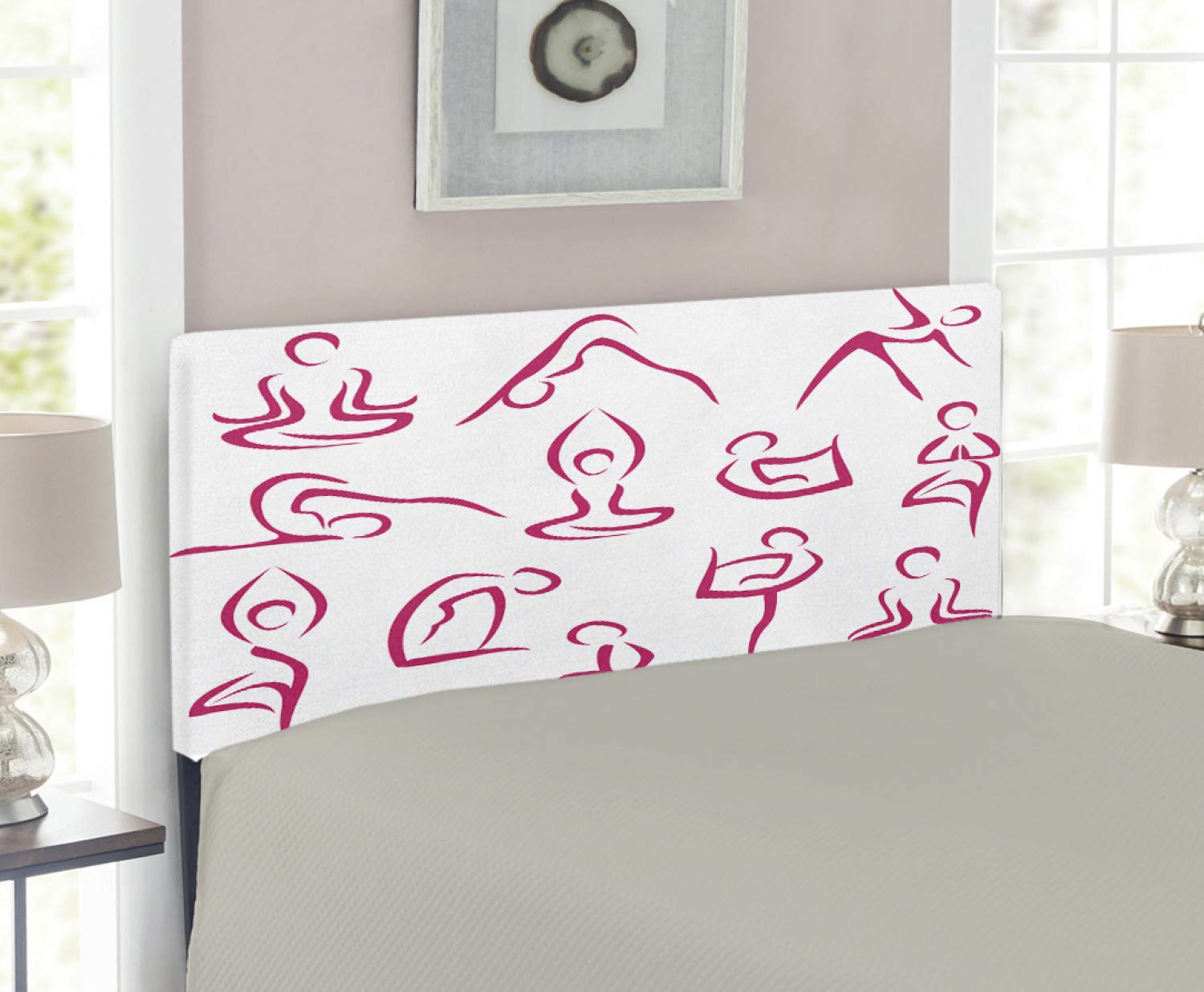Ambesonne Fitness Headboard - Monochrome Line Art Gym Silhouette Design, Upholstered Metal Bed Frame with Memory Foam - Twin Size in White & Pink | Perfect for Home Gym Decor & Modern Bedroom Aesthetics