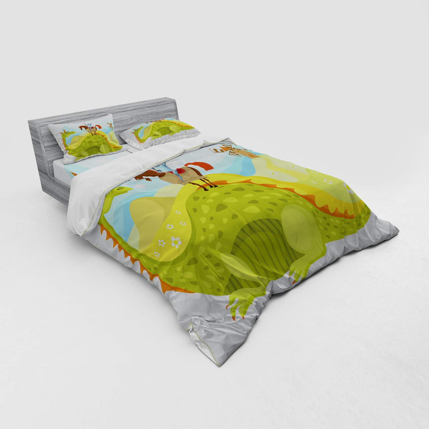 Ambesonne Medieval Knight Don Quixote Horse Dragon Valley Fantasy 4-Piece Queen Bedding Set - Duvet Cover, Shams & Fitted Sheet in Apple Green & Sky Blue - Perfect for Themed Bedrooms, Renaissance Fairs & Fantasy Lovers