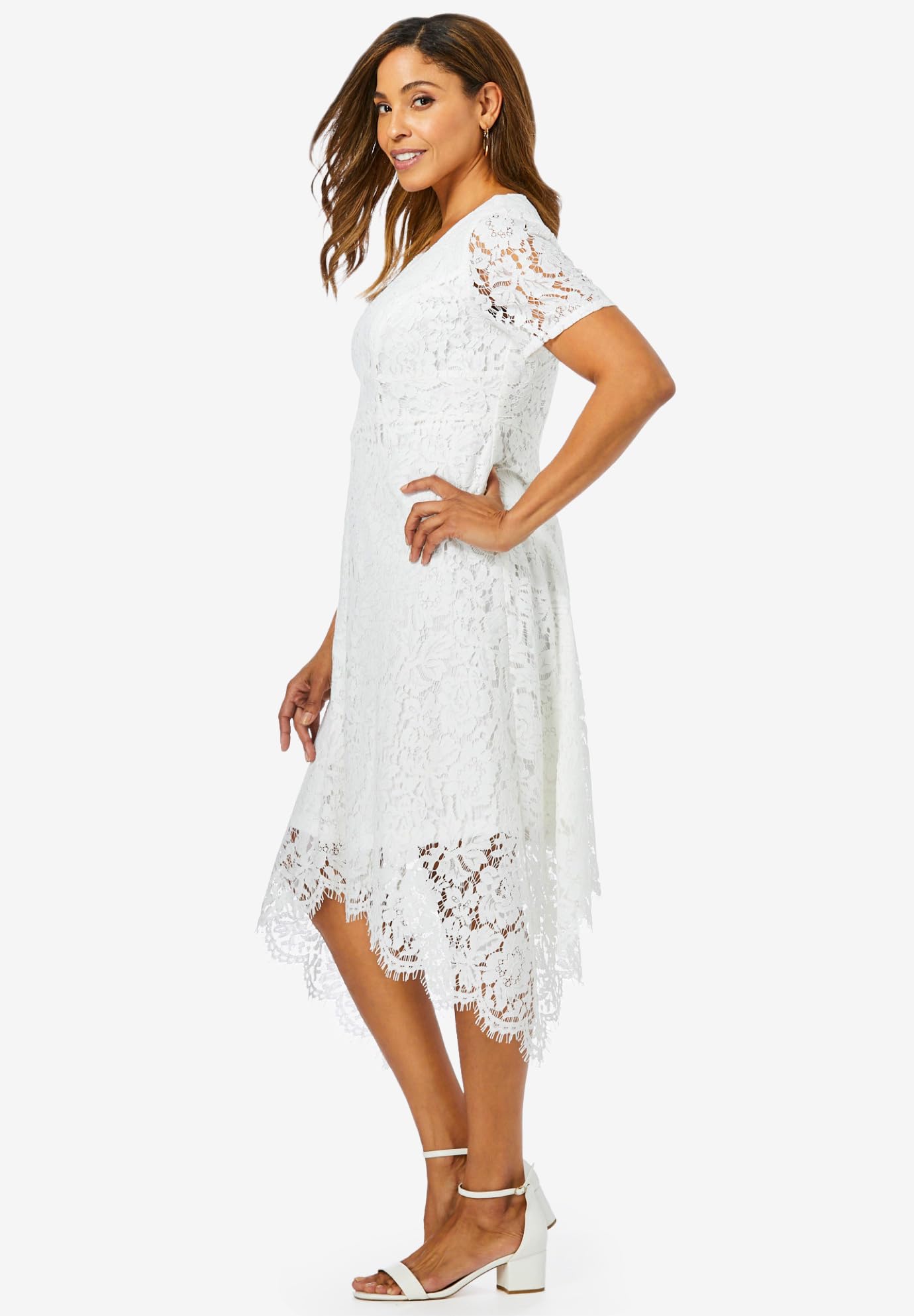 Jessica London Women's Plus Size Lace Handkerchief Dress - Elegant Floral Lace Midi Dress for Weddings, Parties & Special Occasions