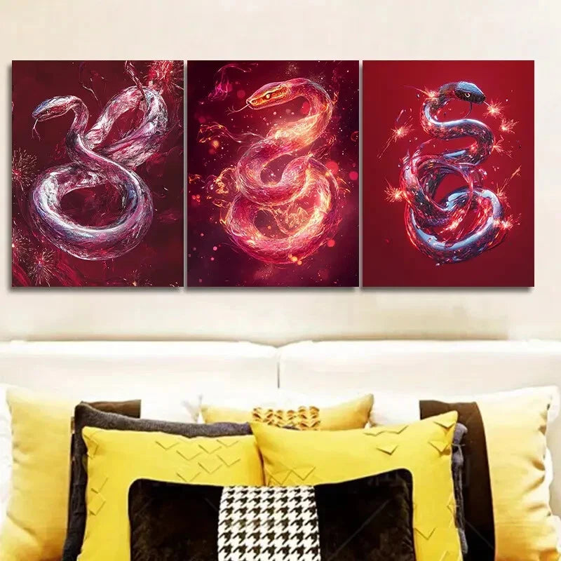 3-Piece Red Crystal Snake Wall Art Set - Framed Canvas 40x60cm - High Quality Print - 100% Australian Made - Ready to Hang - Perfect for Living Room, Bedroom, or Office Decor