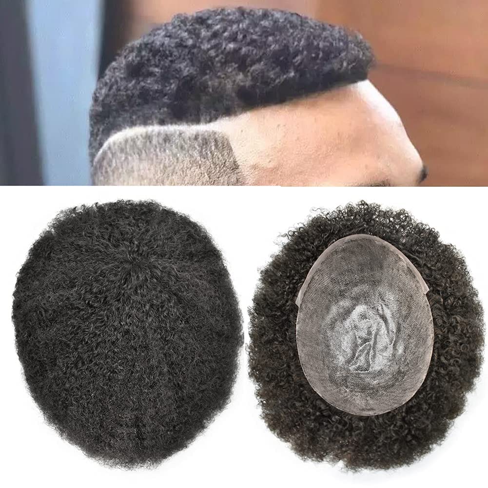 Afro Toupee for Black Men | Kinky Curly Human Hair Wig | African American Hair System | 8x10 PU Base | #1B Off Black 8mm | Perfect for Daily Wear, Cosplay & Special Events