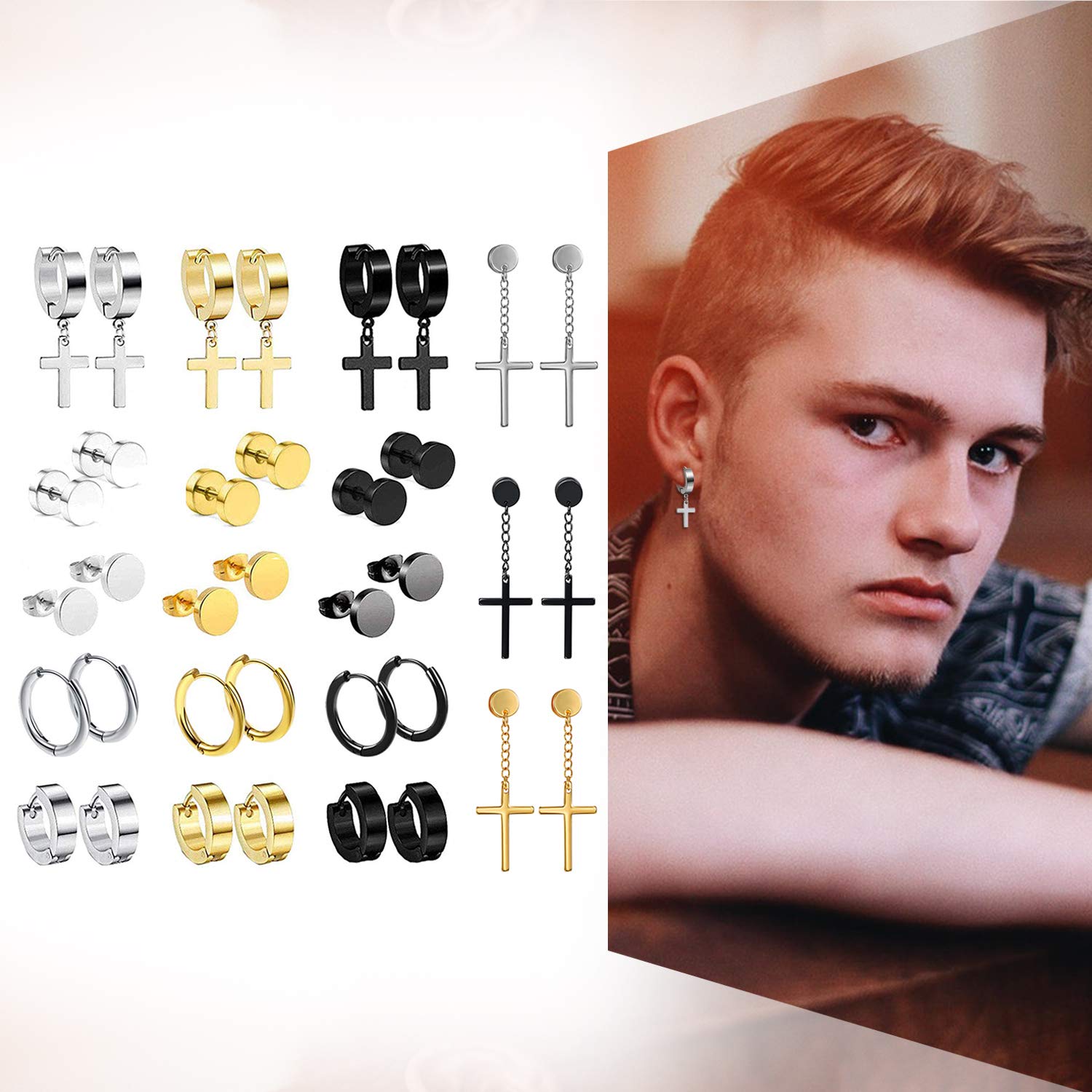 18 Pairs Stainless Steel Huggie Hoop & Dangle Earrings Set for Women & Men - Unisex Fake Earrings with Cross Design, Tunnel Studs - Perfect for Gifts, Parties, and Everyday Wear