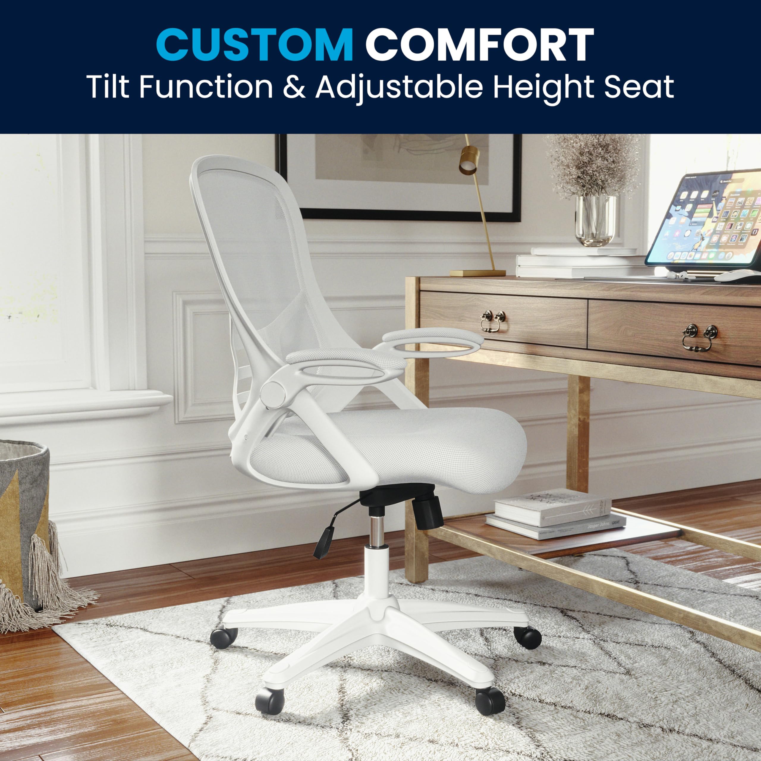 Flash Furniture Porter High-Back Swivel Office Chair with Adjustable Lumbar Support & Height - Ergonomic Mesh Desk Chair with Flip-Up Armrests, White - Perfect for Home Office, Gaming & Workspaces