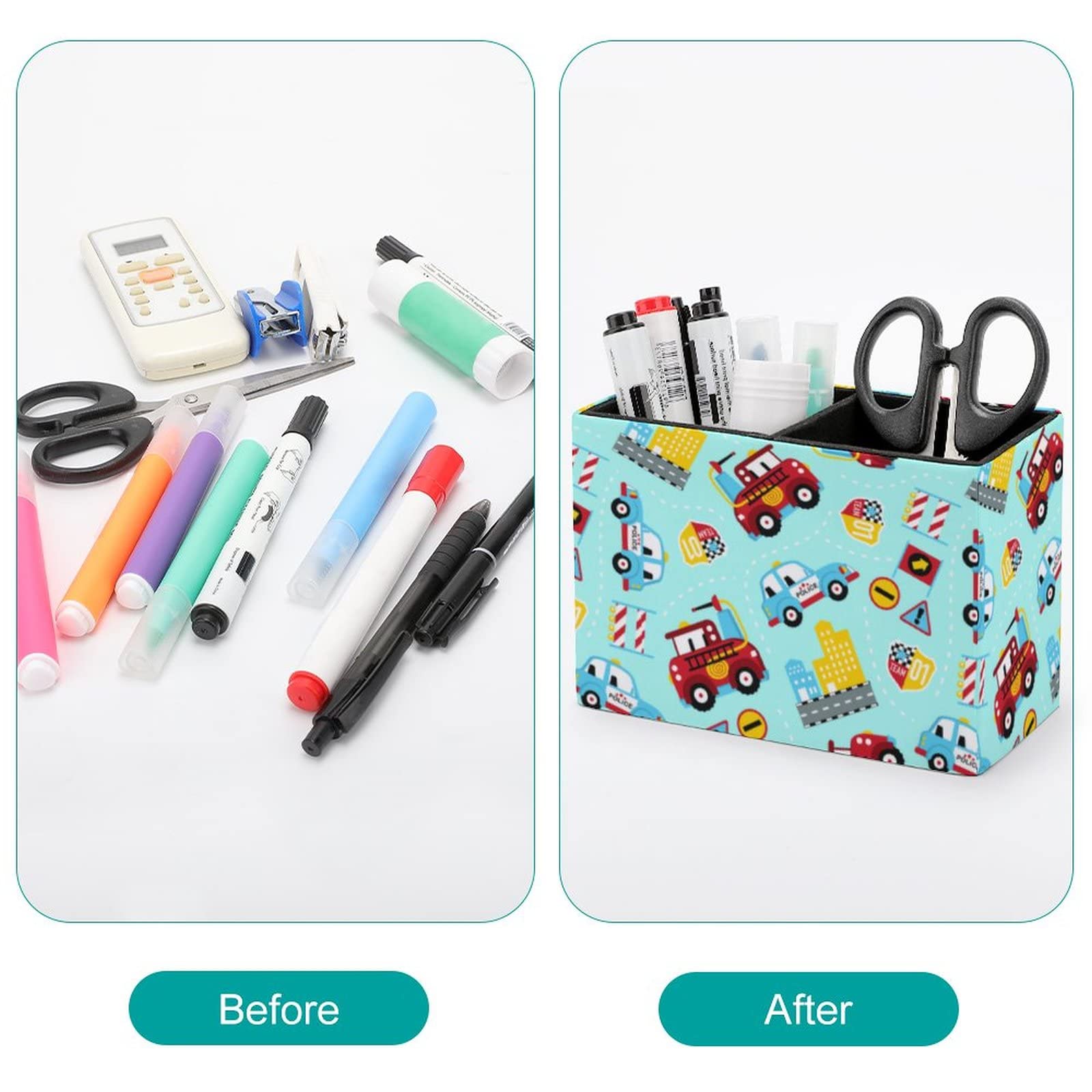 Cartoon Cars Pen Holder for Desk - Leather Pencil Organizer & Makeup Brush Storage for Office, School, College | Perfect Desktop Organizer for Stationery, Art Supplies, and Cosmetics