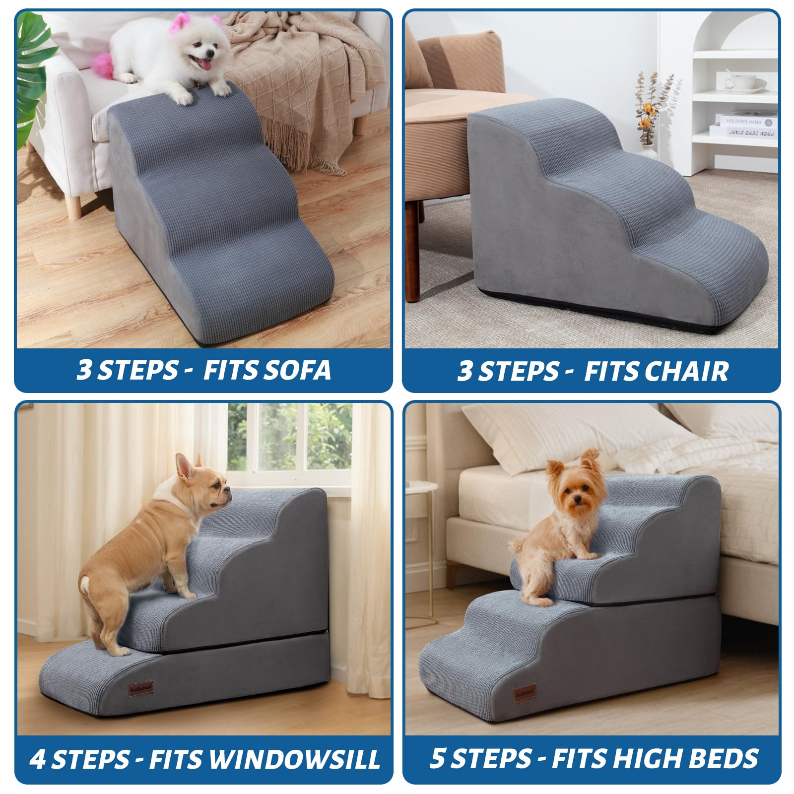 3-Tier Non-Slip Dog Ramp & Stairs for High Beds & Couches - Sturdy Pet Steps for Small Dogs - Perfect for Elderly Pets & Post-Surgery Recovery - Home & Travel Use