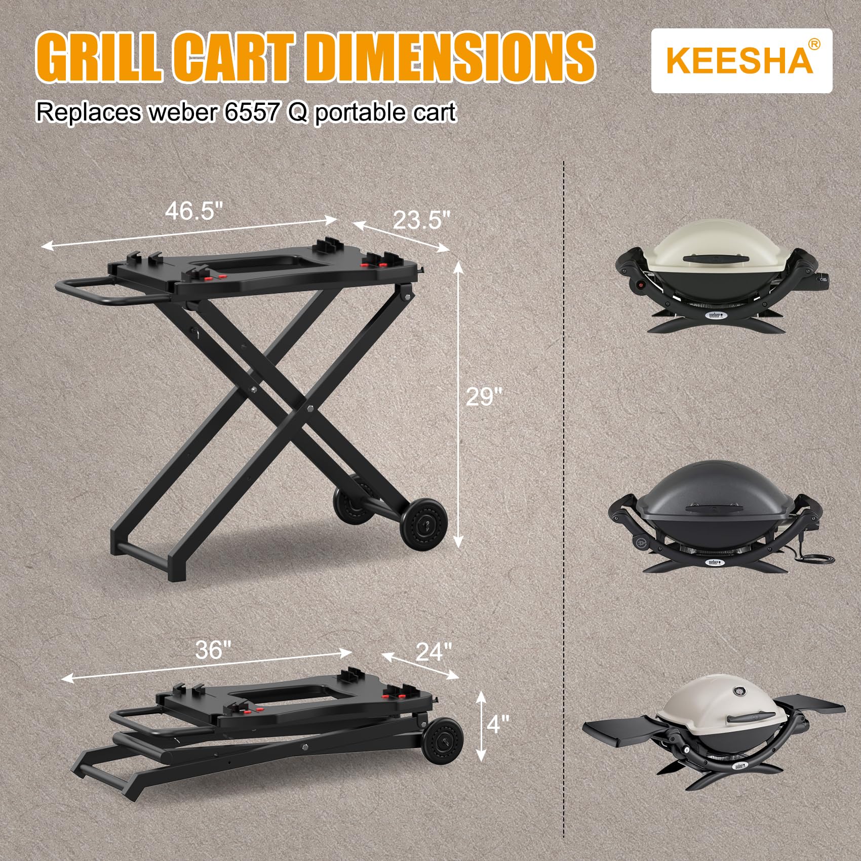 Portable Grill Stand for Weber Q Series - Heavy-Duty Collapsible BBQ Table for Q1200, Q1000, Q2000, Q1400 - 2-Wheel Outdoor Cooking Trolley for Tailgating, Camping & Backyard BBQs - Black