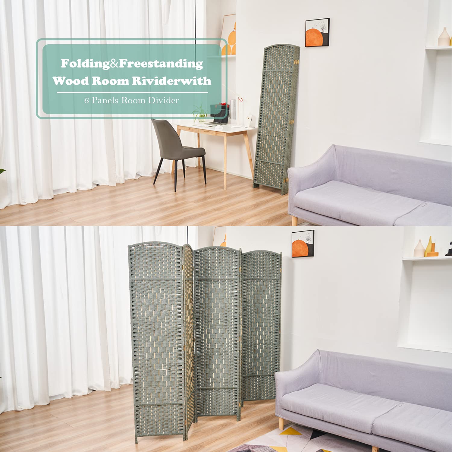 6-Panel Room Divider Screen - Decorative Privacy Partition for Home & Office - Indoor/Outdoor Folding Screen in Gray - Perfect for Creating Separate Spaces in Living Rooms, Bedrooms or Patios