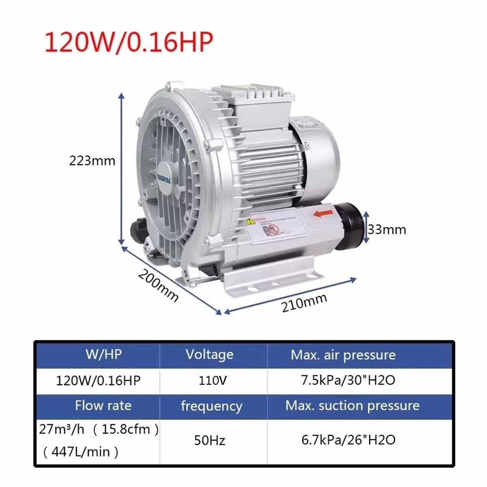 110V Regenerative Blower - 0.16HP to 1.49HP Industrial Vacuum Pump & Vortex Air Blower for Suction & Air Blowing (120W/0.16HP) - Perfect for HVAC Systems, Aquariums, and Industrial Vacuum Applications
