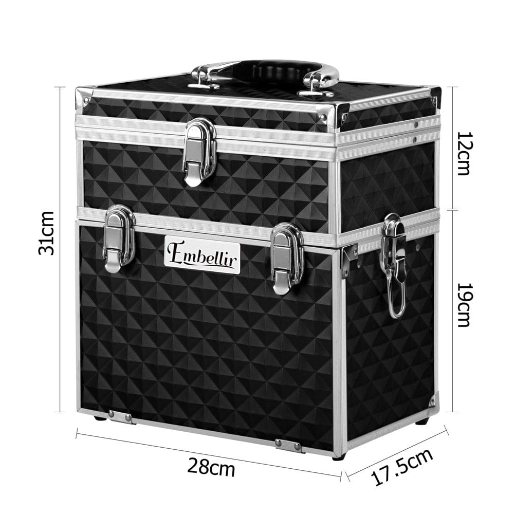 Embellir Portable Cosmetic Makeup Organizer Case with Mirror - Diamond Black Design for Travel, Home & Professional Use