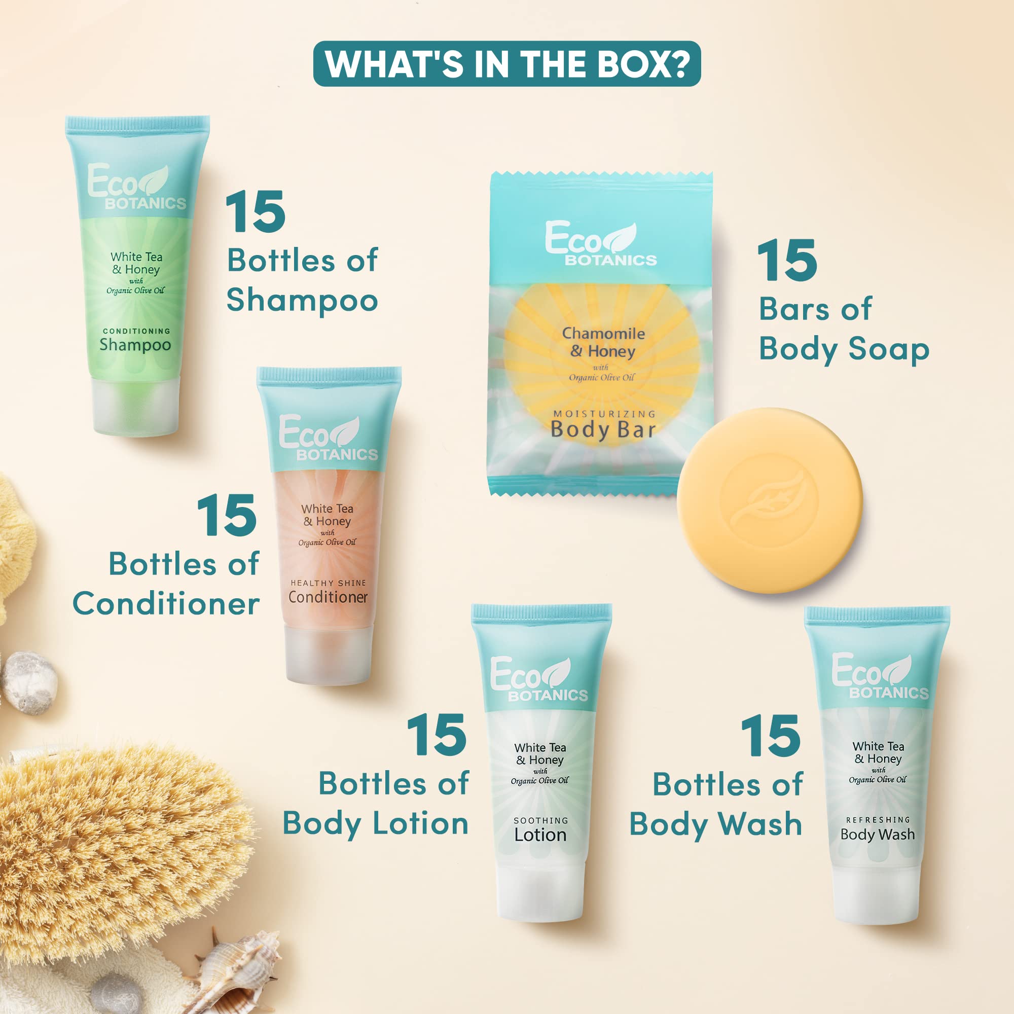Eco Botanics | 75-Piece Travel-Sized Hotel Shampoo, Conditioner, Body Wash & Lotion Set with 100 Cleansing Bars - Perfect for Hotels, Gyms, Spas & Travel Toiletries