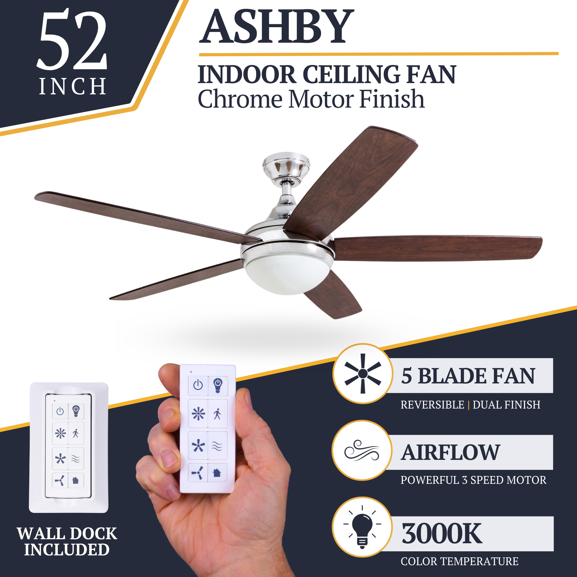 52 Inch Ashby Chrome Remote Control Ceiling Fan with Light Kit - Modern Indoor/Outdoor Cooling for Living Room, Bedroom, or Patio