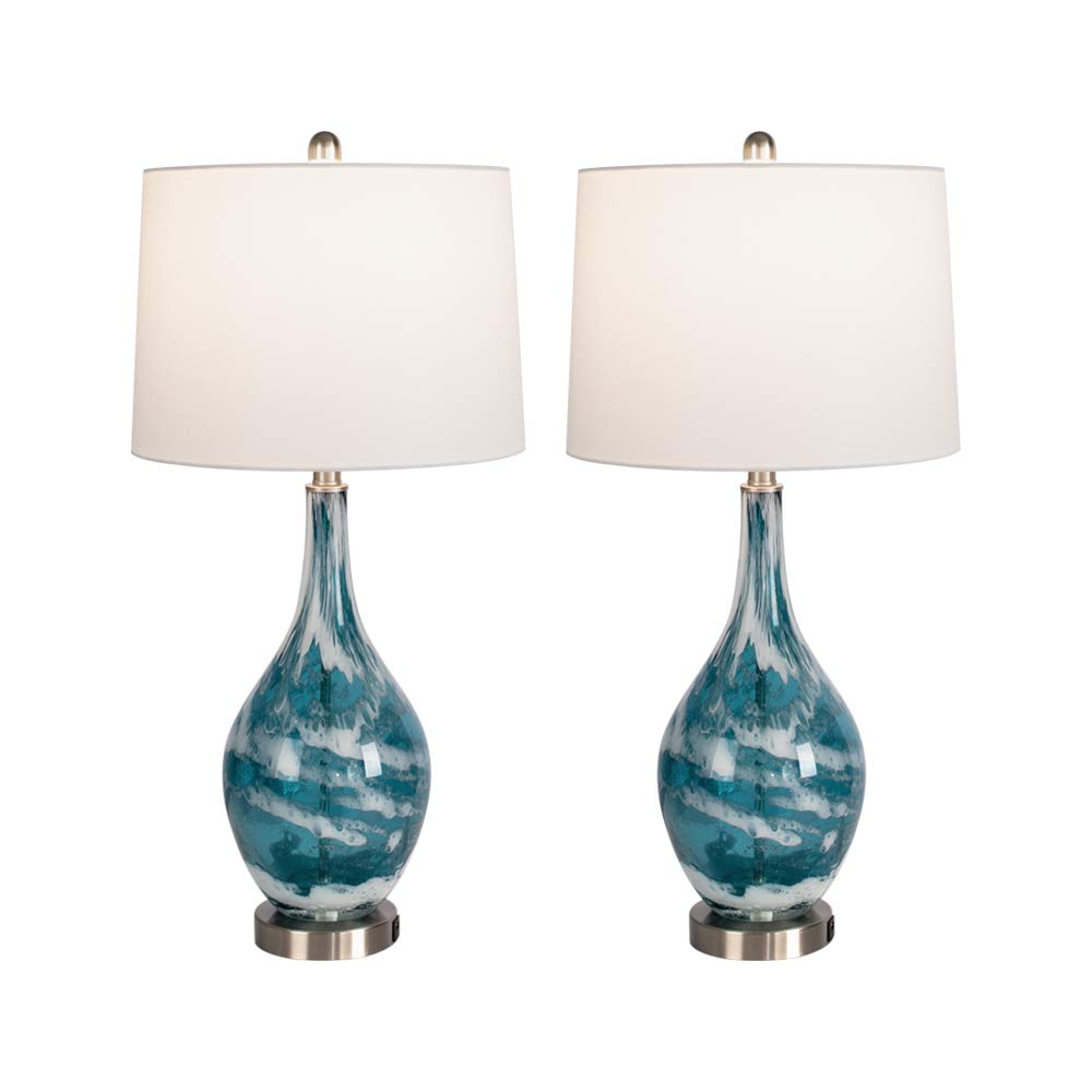Maxax Coastal Glass Table Lamps Set of 2 - Blue USB Bedside Lamps with White Fabric Shade, Modern Nightstand Lighting for Bedroom, Living Room & Coffee Table (ETL Certified) | Perfect for Coastal Decor, Reading Nook & Ambient Lighting