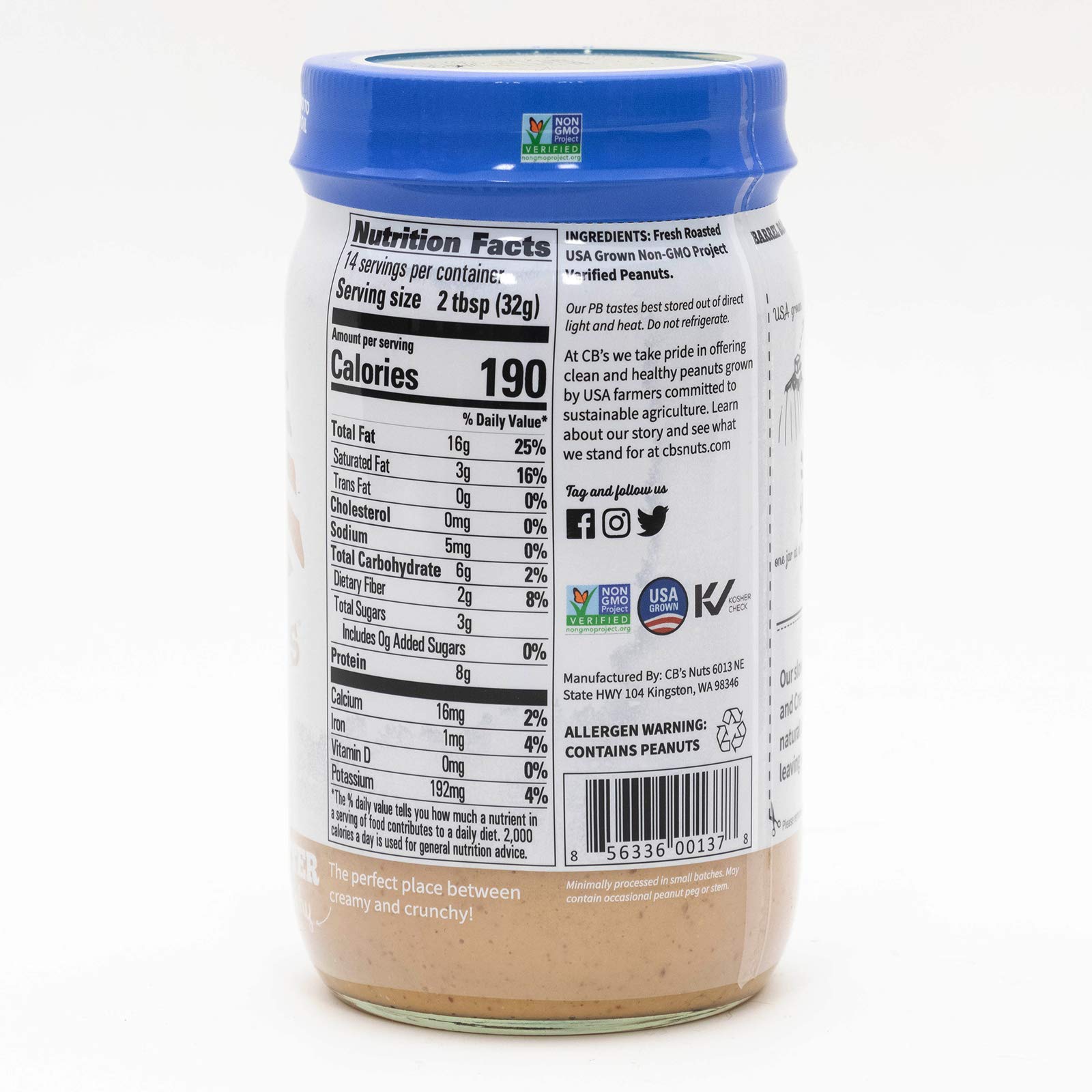 CB's Nuts USA Grown Non-GMO Creamy Crunchy 1 Ingredient Peanut Butter (2 Pack) - Perfect for Sandwiches, Smoothies & Healthy Snacking
