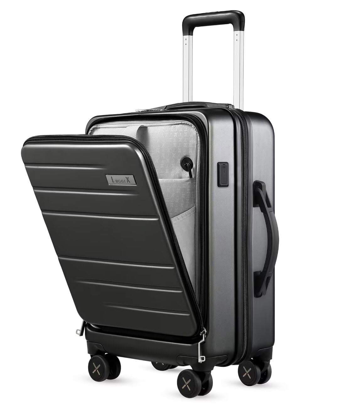 LUGGEX 20 Inch Carry On Luggage - Airline Approved Polycarbonate Hard Suitcase with Front Pocket (35L, Charcoal Metallic) - Perfect for Business Travel & Weekend Getaways