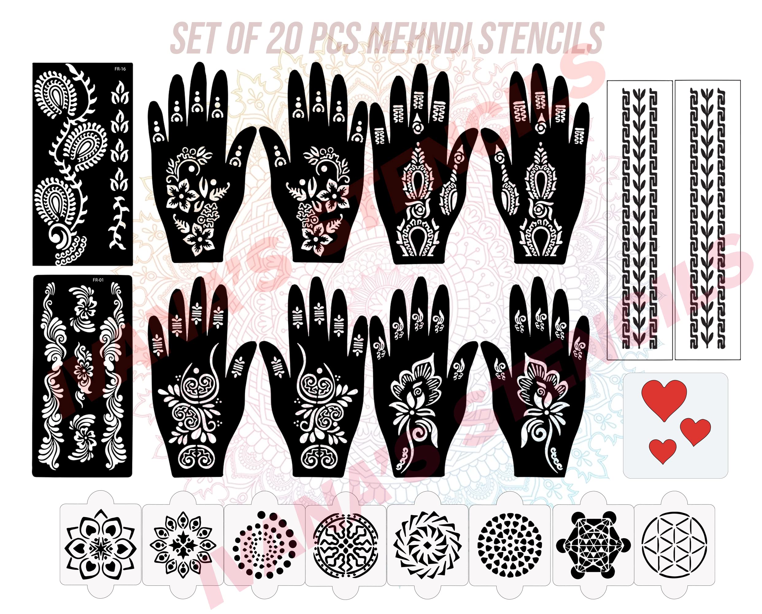 20 Pcs Reusable Henna Stencil Kit for Hands - Easy DIY Mehndi Design Templates for Girls, Women & Kids | Perfect for Weddings, Parties & Festive Occasions | D-2216
