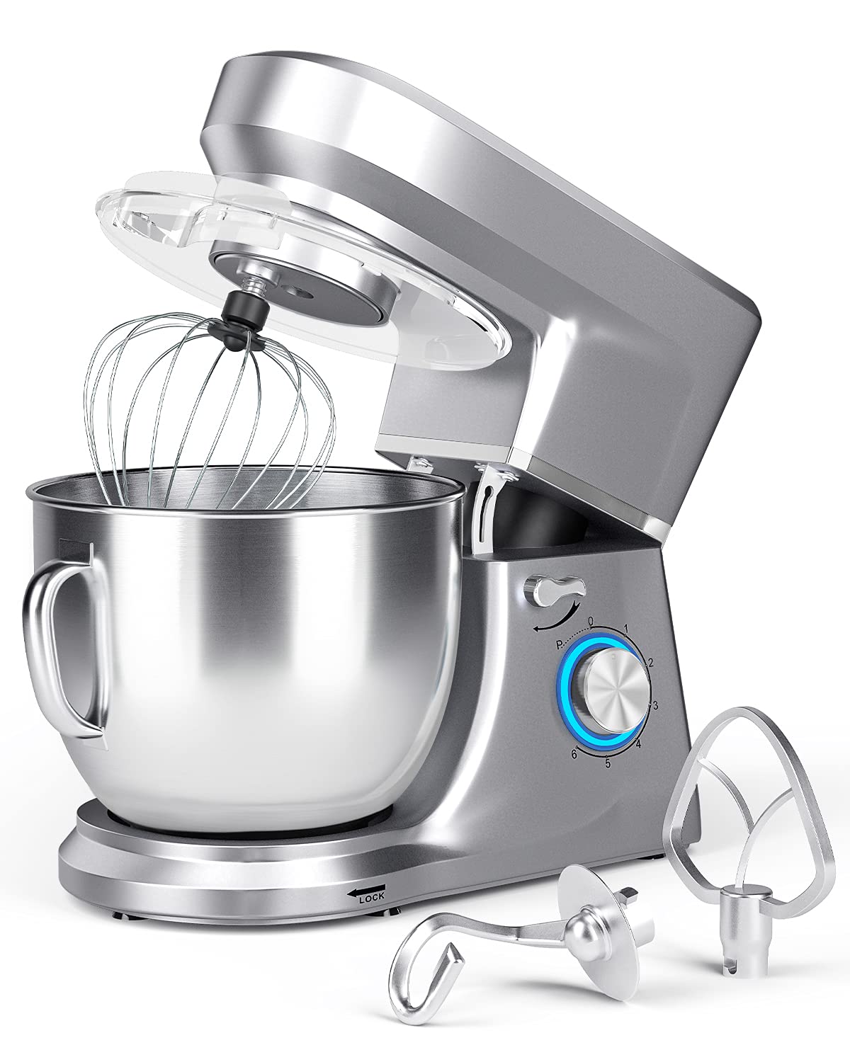660W Stand Mixer with 6 Speeds & Tilt Head - Includes Stainless Steel Bowl, Dough Hook, Wire Whip & Flat Beater - Dishwasher Safe & Splash Guard - Perfect for Baking Cakes, Cookies & Bread Dough (Silver)