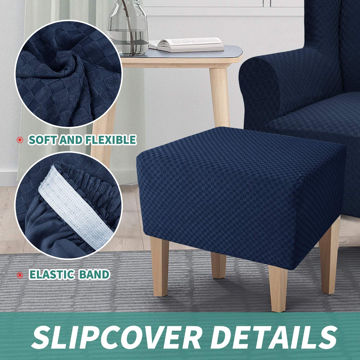 YEMYHOM Jacquard Ottoman Cover - High Stretch Removable Slipcover for Storage Footstool (Small, Navy) | Perfect for Living Room, Bedroom & Home Decor