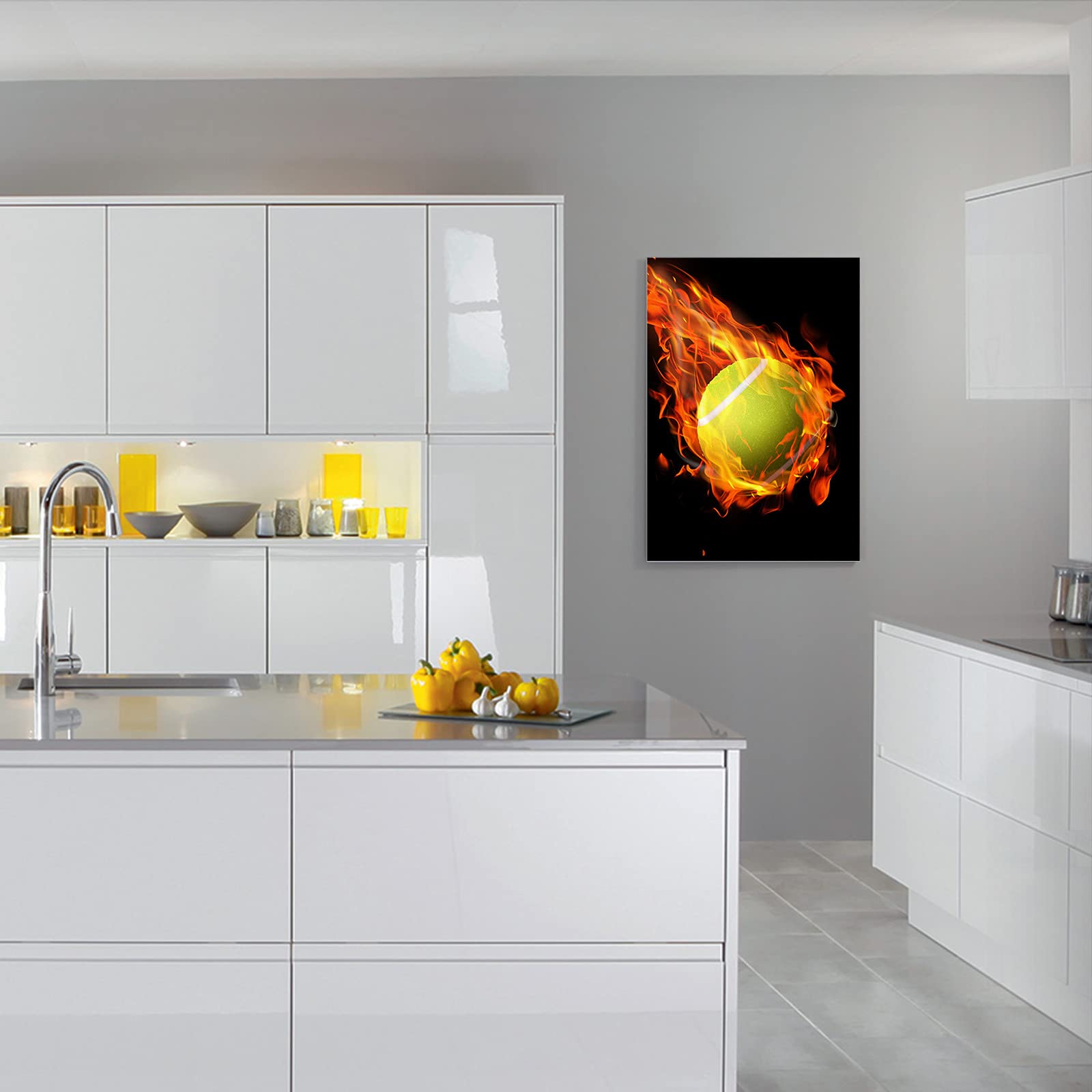 Premium Sports Wall Art Canvas Print - 24x36 Inch Tennis Ball with Fire Flame Design - Ready to Hang Framed Decor for Living Room, Bedroom & Office - Perfect for Home Gym, Man Cave & Sports Fan Gifts