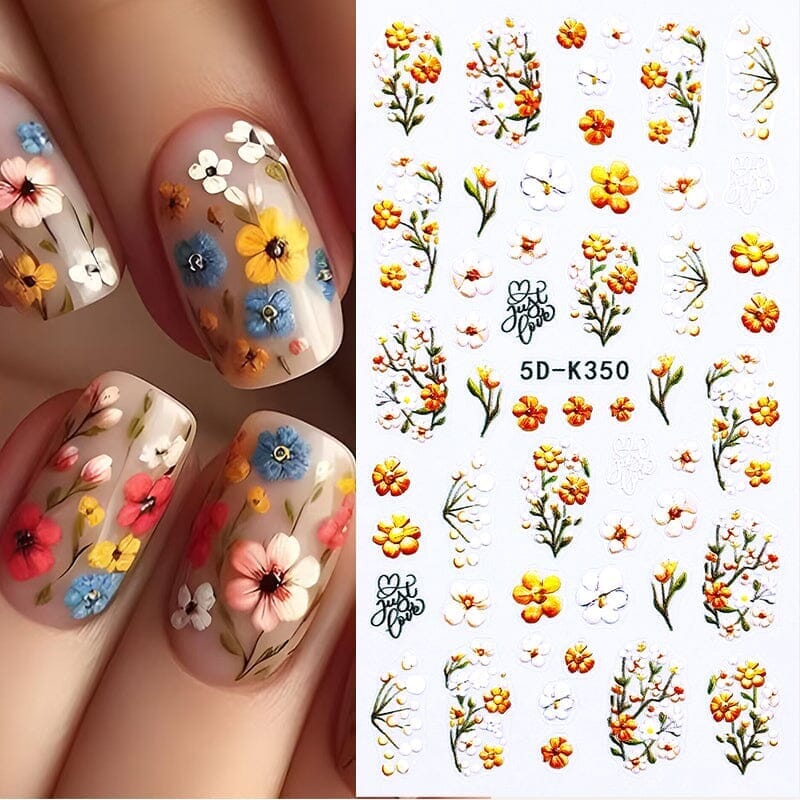 5D White Green Flowers Plants Nail Stickers K351 - DIY Nail Art Decals for Home, Salon & Party Use