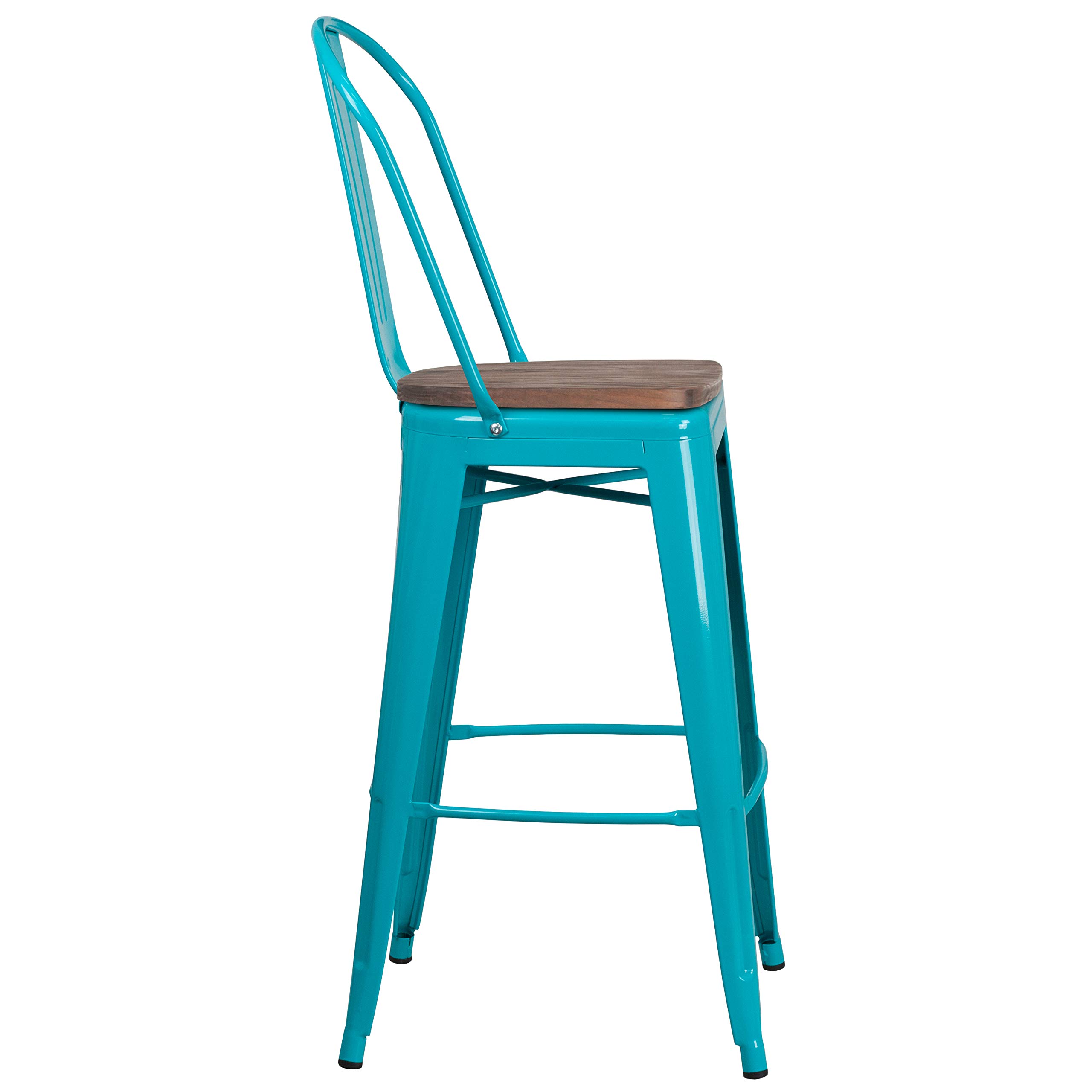 EMMA + OLIVER 30 Inch Teal Blue Metal Bar Stool with Wood Seat and Back Support - Perfect for Kitchen Island, Breakfast Nook & Home Bar Decor