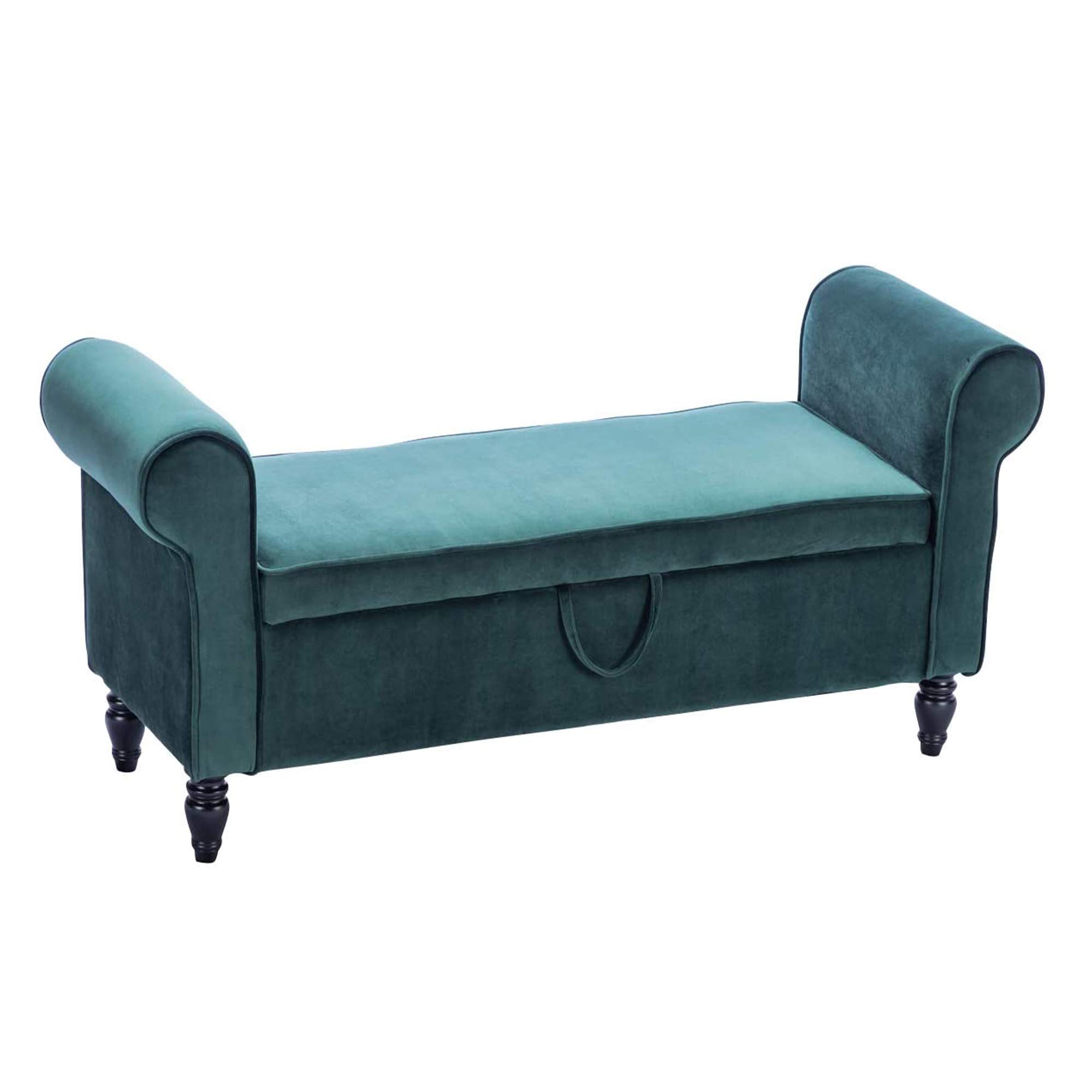 Alunaune Velvet Upholstered Storage Bench - Modern Rolled Arm Ottoman for Bedroom, Living Room & Entryway - Green | Bed Seat, Couch End Bench, Settee with Hidden Storage Compartment | Perfect for Small Spaces, Home Decor & Extra Seating