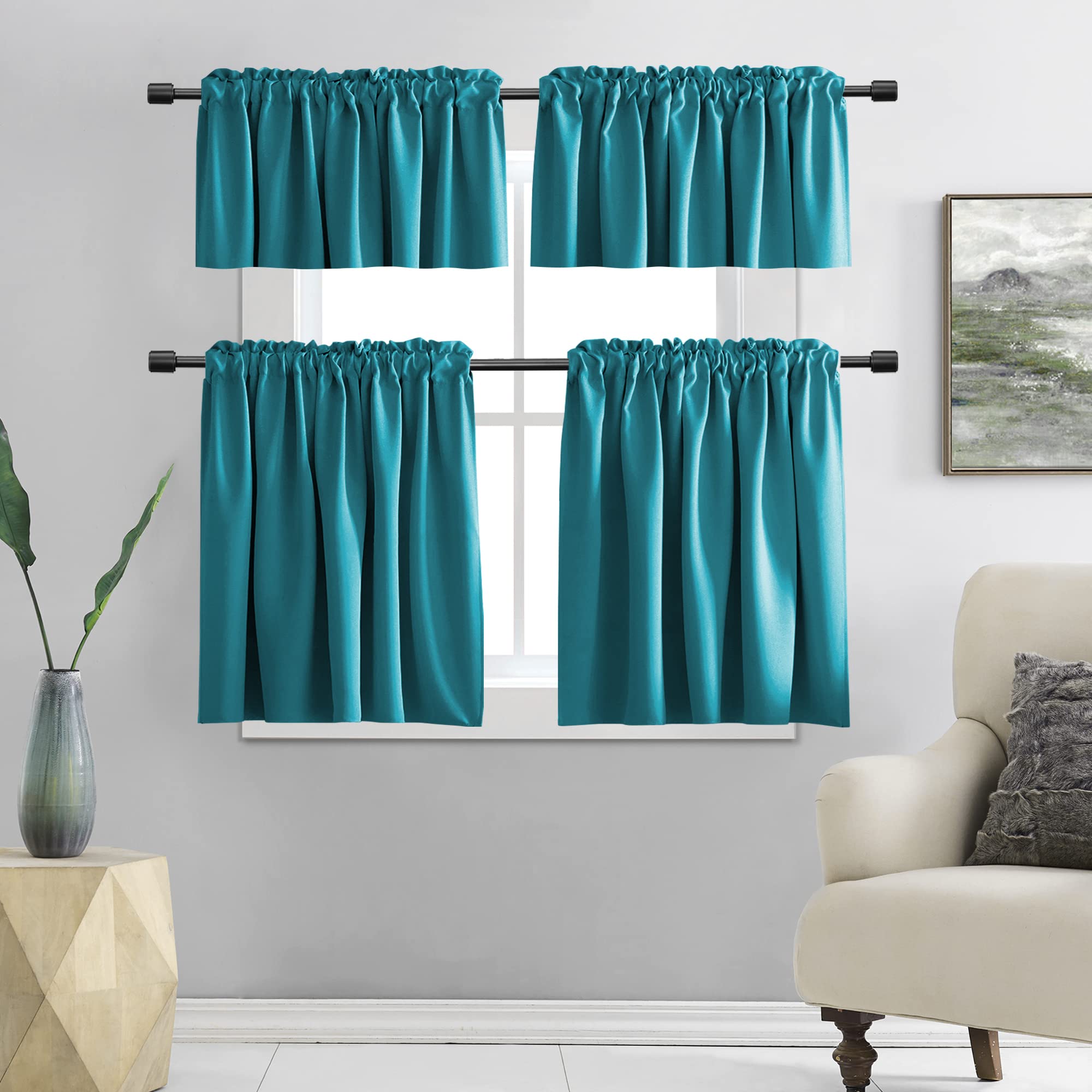 DONREN Teal Kitchen Window Curtain Valances - Room Darkening Valances with Rod Pocket (42x15 Inch, 2 Panels) for Living Room, Bedroom & Bathroom Decor