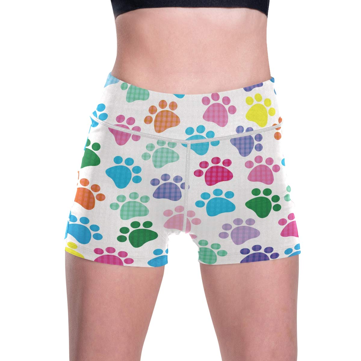 ALAZA Women's Workout Shorts with Pockets - Stretchy Yoga Running Exercise Shorts in Paw Print Design - Perfect for Gym, Yoga, Running & Casual Wear