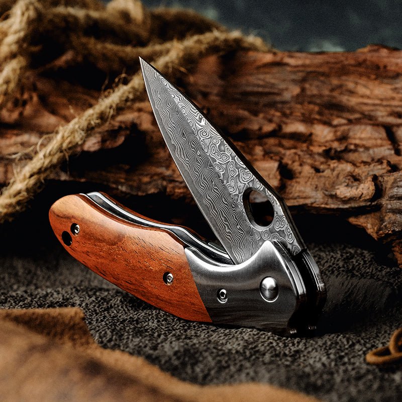 Premium VG10 Damascus Steel Pocket Knife with Exotic Sandalwood Handle - Japanese Crafted EDC Folding Knife for Outdoor, Camping & Everyday Carry