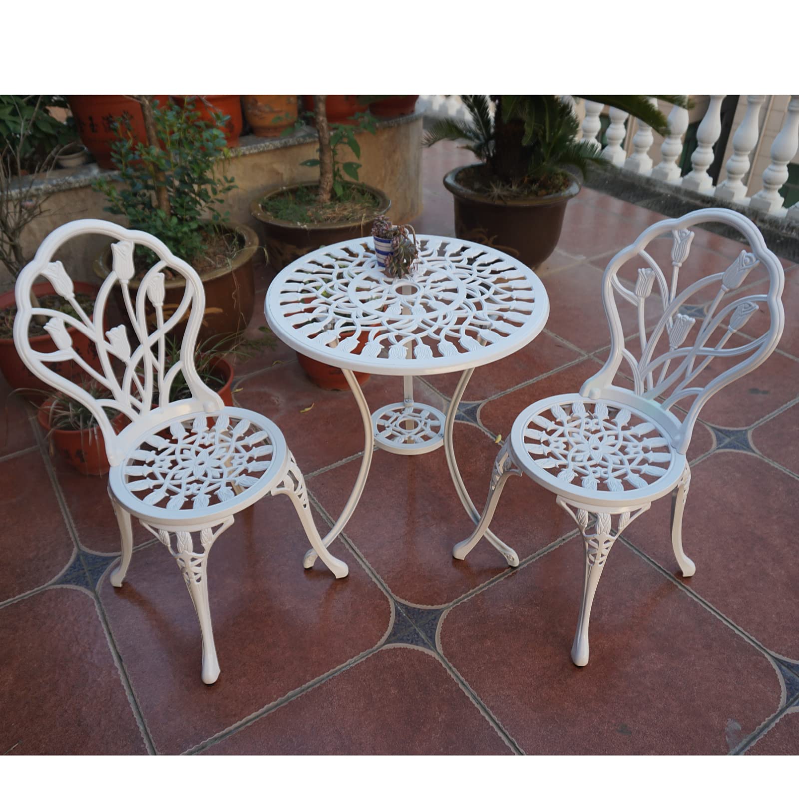 KAILI 3-Piece Outdoor Patio Bistro Set - Cast Aluminum Rust-Proof Garden Furniture with White Tulip Design - Perfect for Backyard, Balcony & Poolside Dining