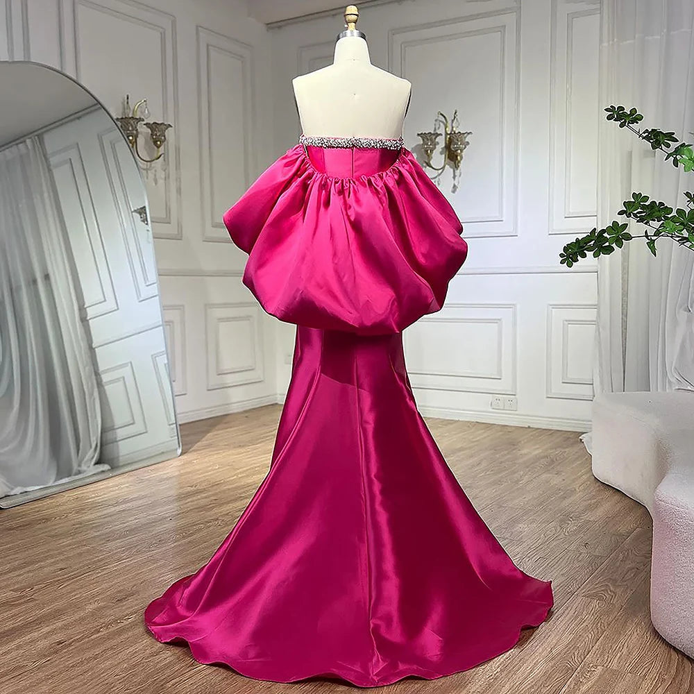 Serene Hill Fuchsia Mermaid Mikado Satin Balloon Sleeve Evening Gown for Women - Elegant Wedding Party Dress 2025 LA71923 | Perfect for Prom, Bridesmaid, and Formal Events