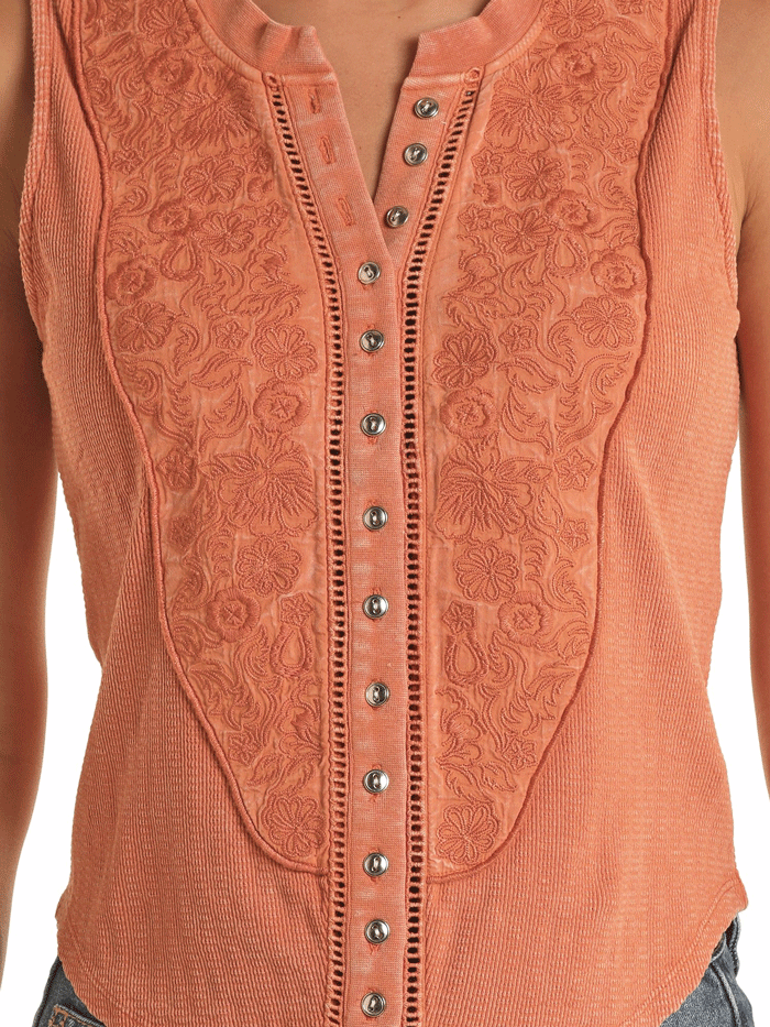 Rock & Roll Denim BW20T03302 RST Women's Embroidered Floral Tank Top in Rust - Stylish Casual Wear for Summer Outings & Music Festivals