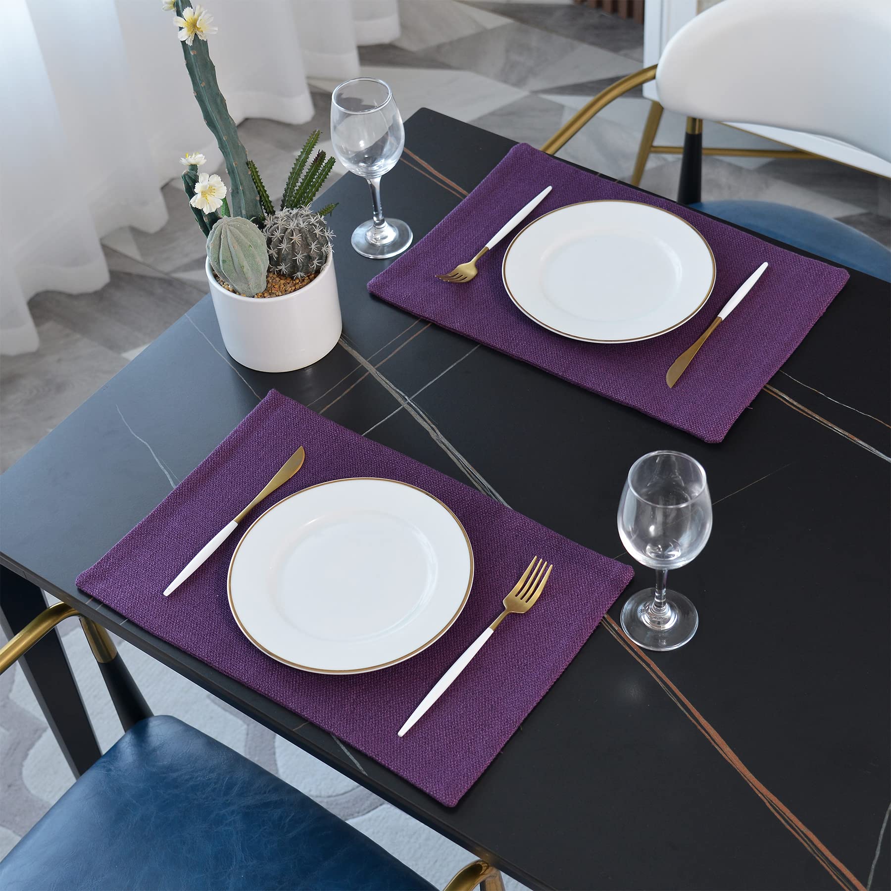 4-Piece 12x18 Inch Heat-Resistant Faux Linen Placemats - Dark Purple Table Mats for Dining & Kitchen - Washable, Non-Slip Table Setting Accessories for Everyday Meals, Dinner Parties & Holiday Gatherings