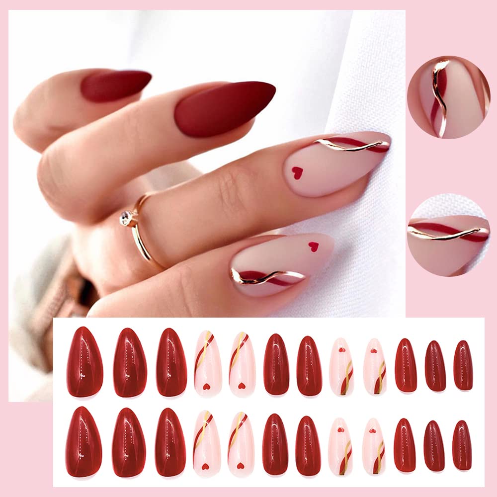 Heart Press on Nails Medium - 24pcs Red Almond French Tip Fake Nails with Gold Line Design & Glue | Full Cover Acrylic False Nails for Women | Perfect for Parties, Weddings, and Special Occasions