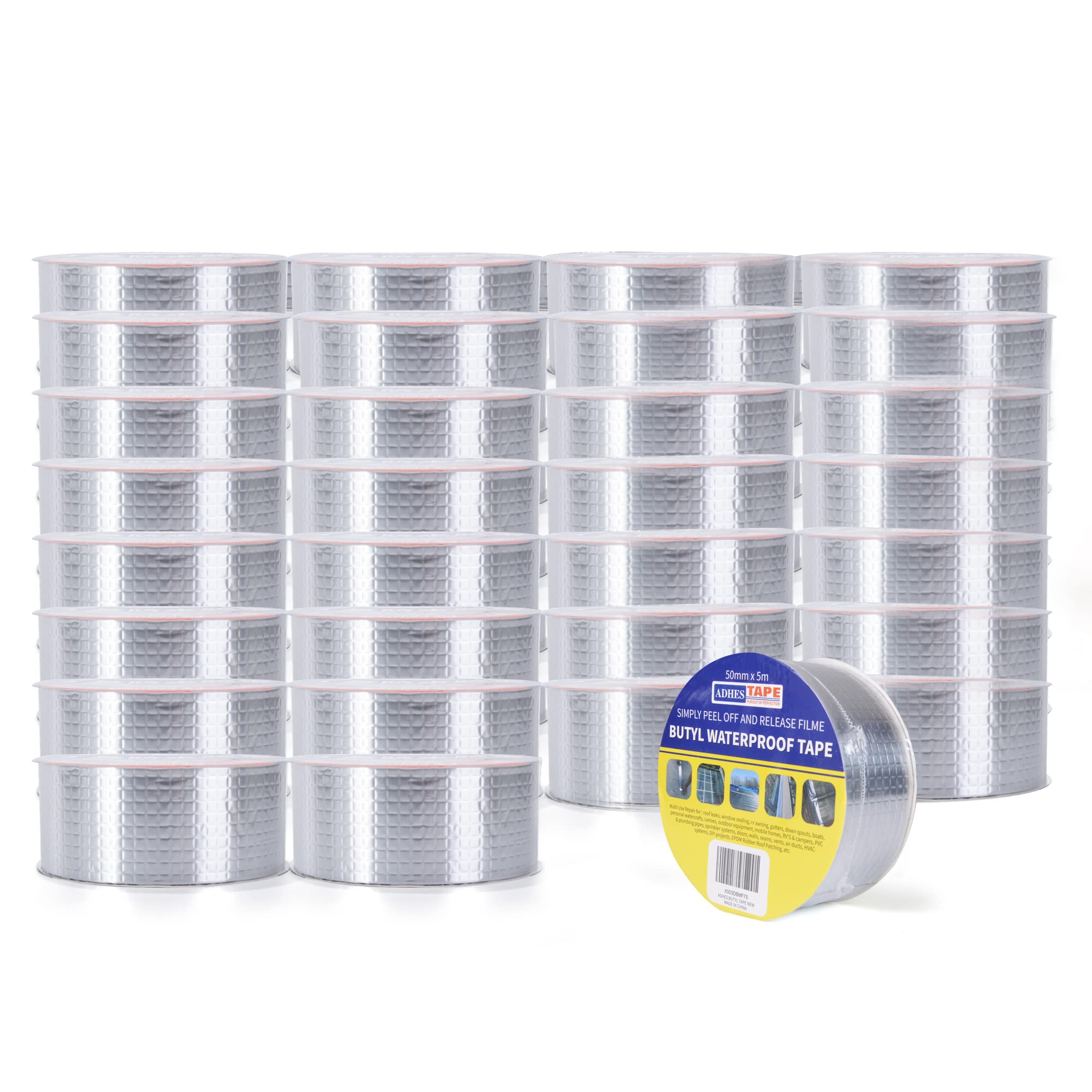 Butyl Tape Waterproof Sealant - 50mm x 5m (2inch x 16ft) Aluminum Foil Tape for RV Repair, Boat Sealing, Window Glass, Pipe & EPDM Rubber Roof Patching - Heavy Duty Adhesive for Home, Automotive & Marine Applications (Silver, 30 Rolls Pack)
