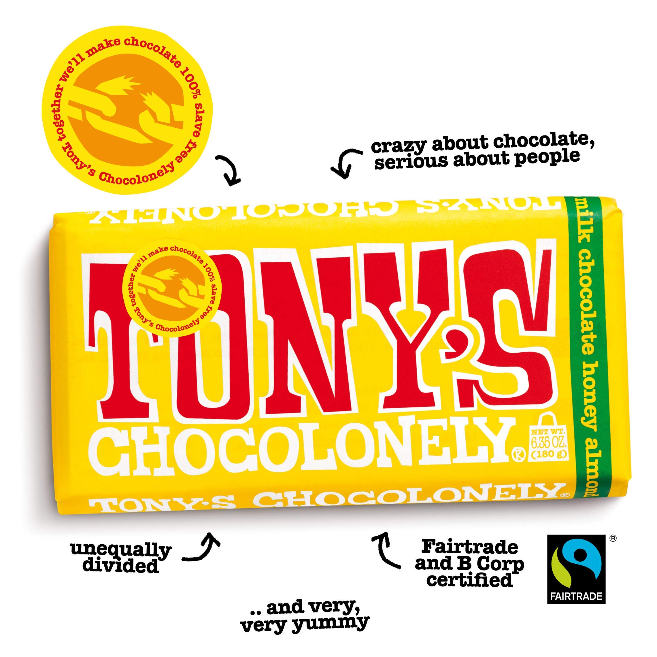 Tony's Chocolonely 32% Milk Chocolate Bar with Honey Almond Nougat - 6.35oz (15 Pack) | Gourmet Chocolate Bars for Gifts, Parties & Dessert Baking