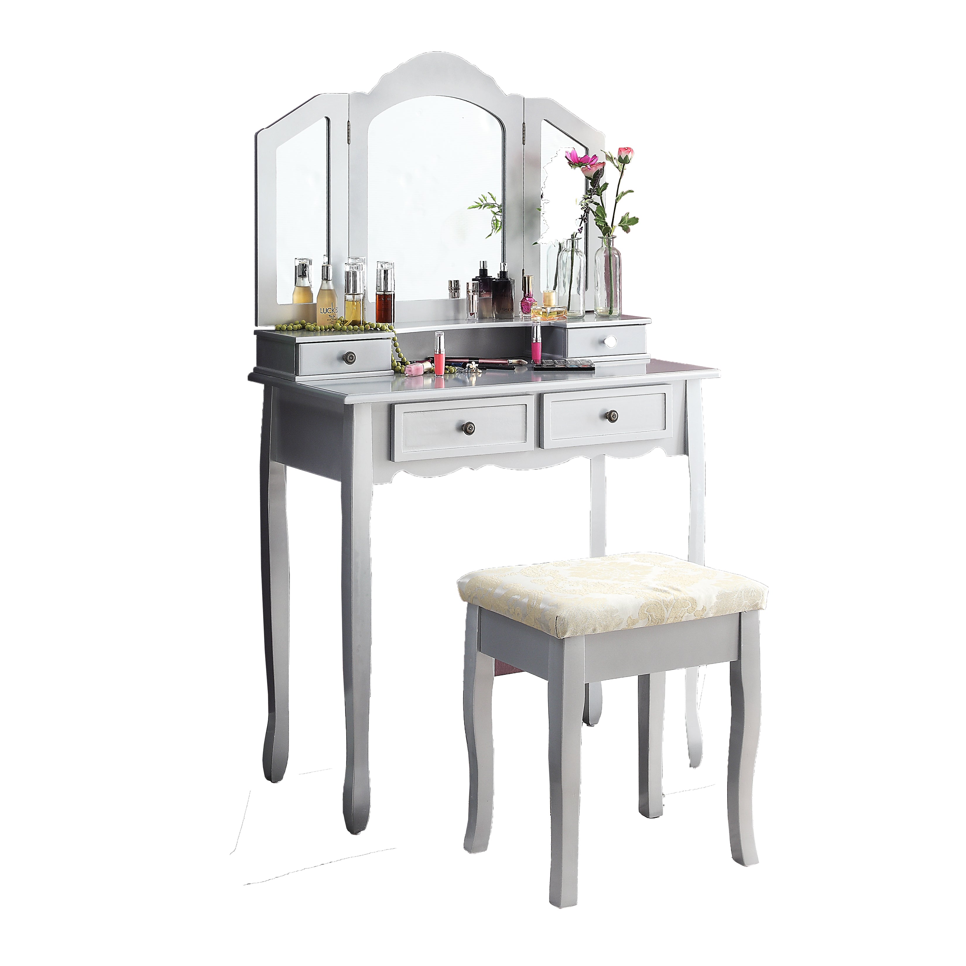Roundhill Furniture Sanlo Wooden Vanity Set with Stool - Silver Finish Makeup Dressing Table for Bedroom & Bathroom | Elegant Vanity Desk with Mirror for Women & Girls