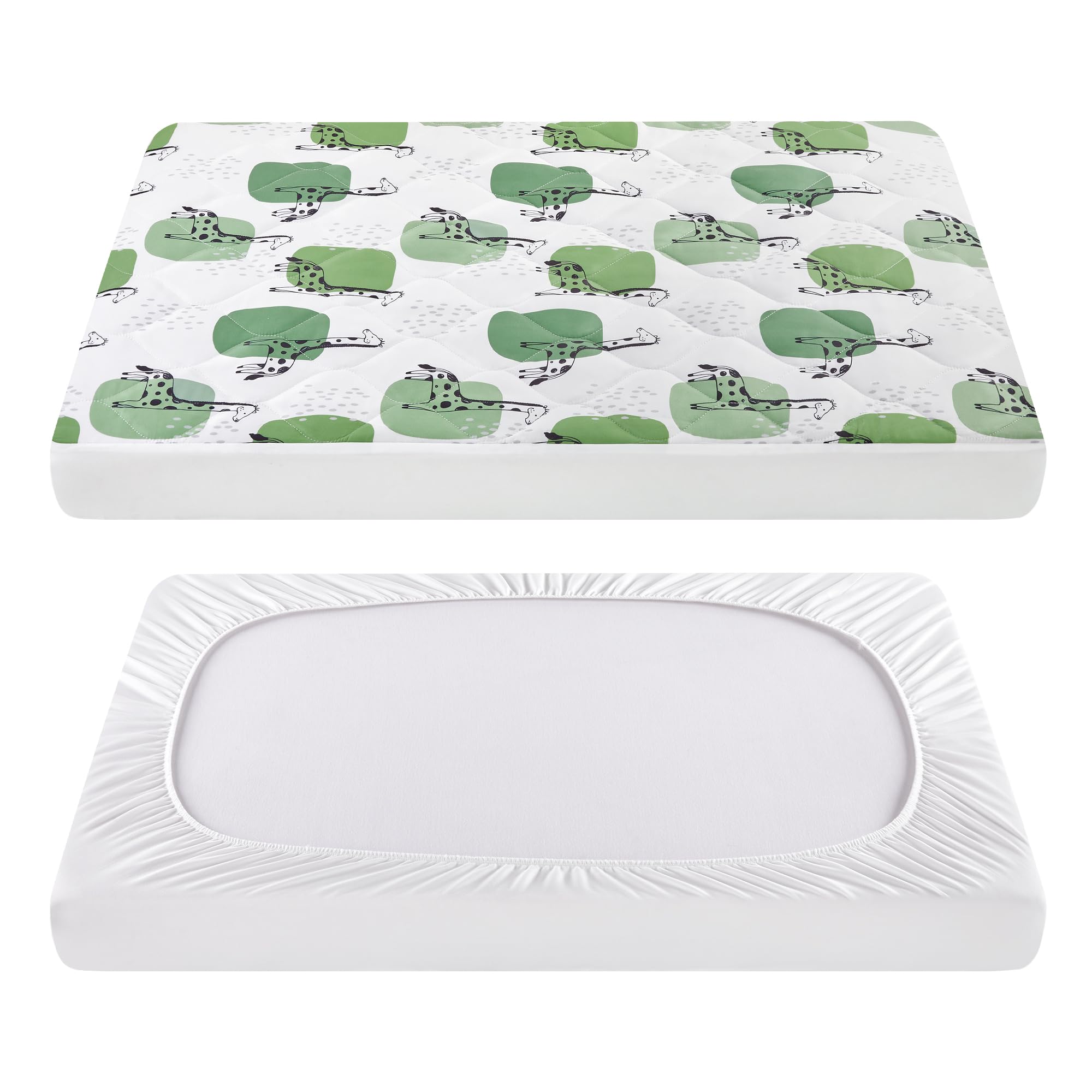 TILLYOU Pack and Play Sheet - Soft Quilted Crib Cover Pad, Toddler Mattress Protector with 1-3 Inch Deep Pocket, Thick Play Yard Playpen Sheet for Baby Crib - 39x27 Inches, Green Giraffe Print - Perfect for Nursery, Daycare & Travel Use