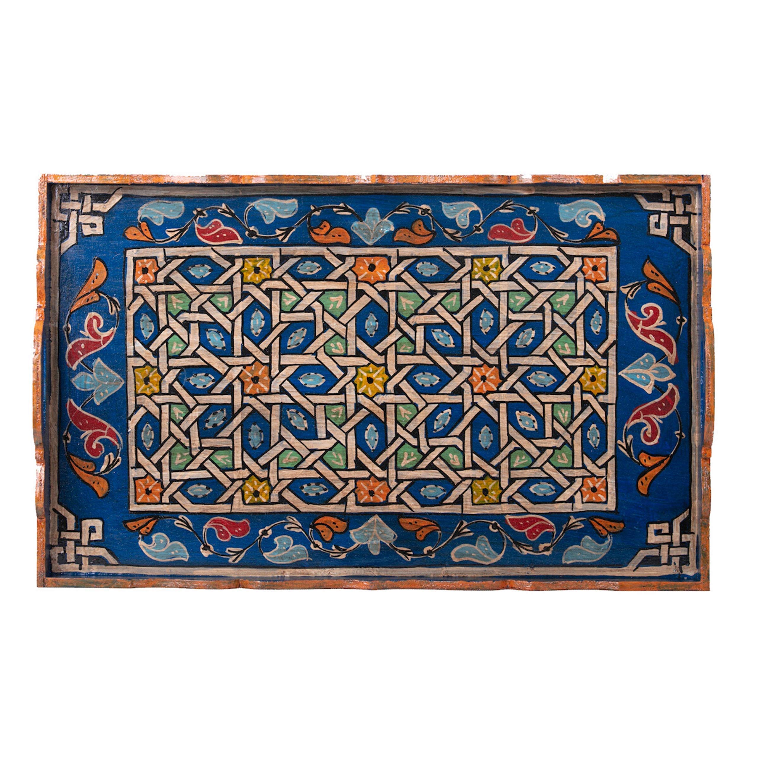 Hand Painted Moroccan White Decorative Serving Tray - Waterproof Acrylic Painting Bohemian Arabesque Home Decor (Dark Blue) | Perfect for Coffee Table Centerpiece, Wall Display & Gift Giving