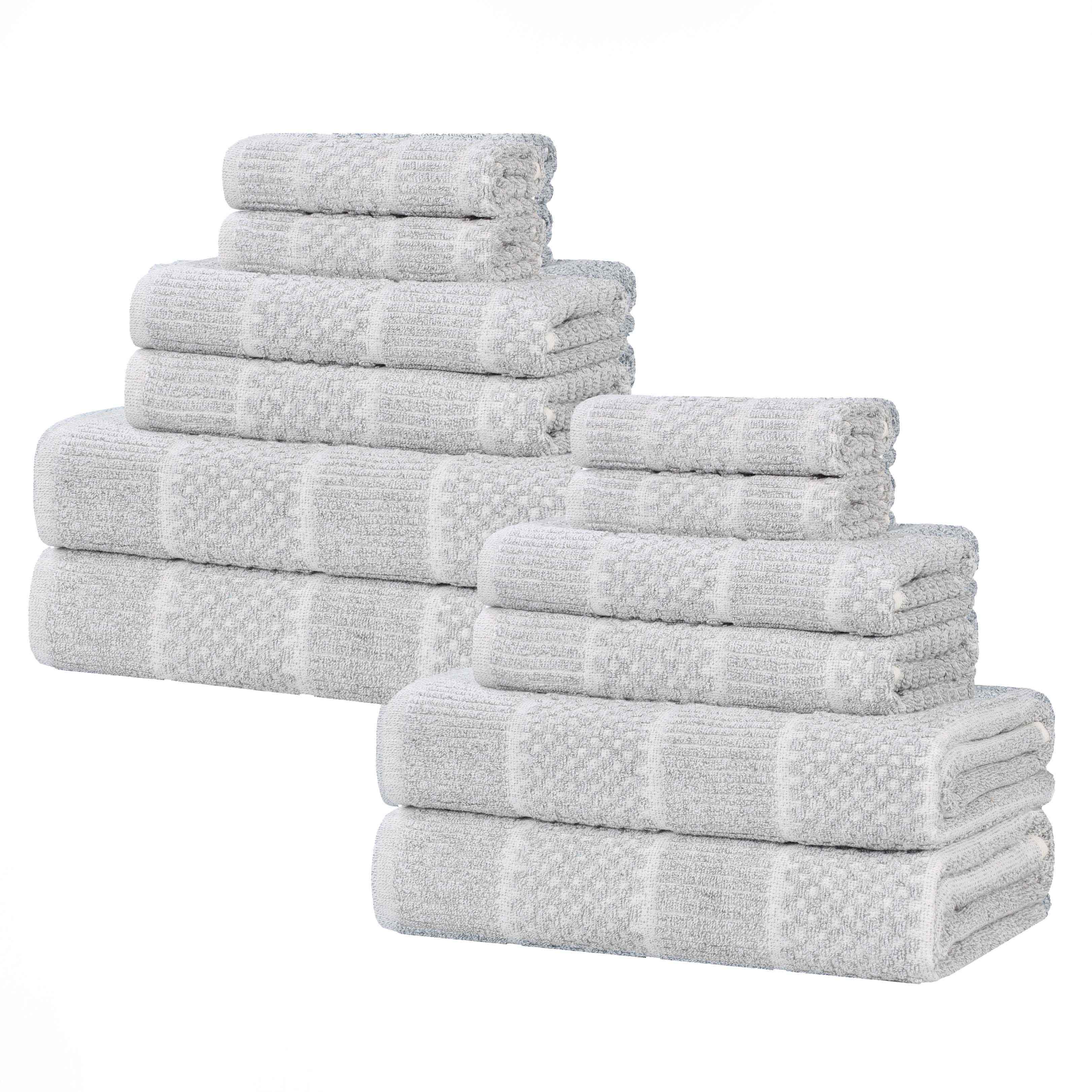 Premium 12-Piece Cotton Blend Checkered Ribbed Towel Set - Soft & Absorbent Bath & Beach Towels for Home, Spa, and Pool Use