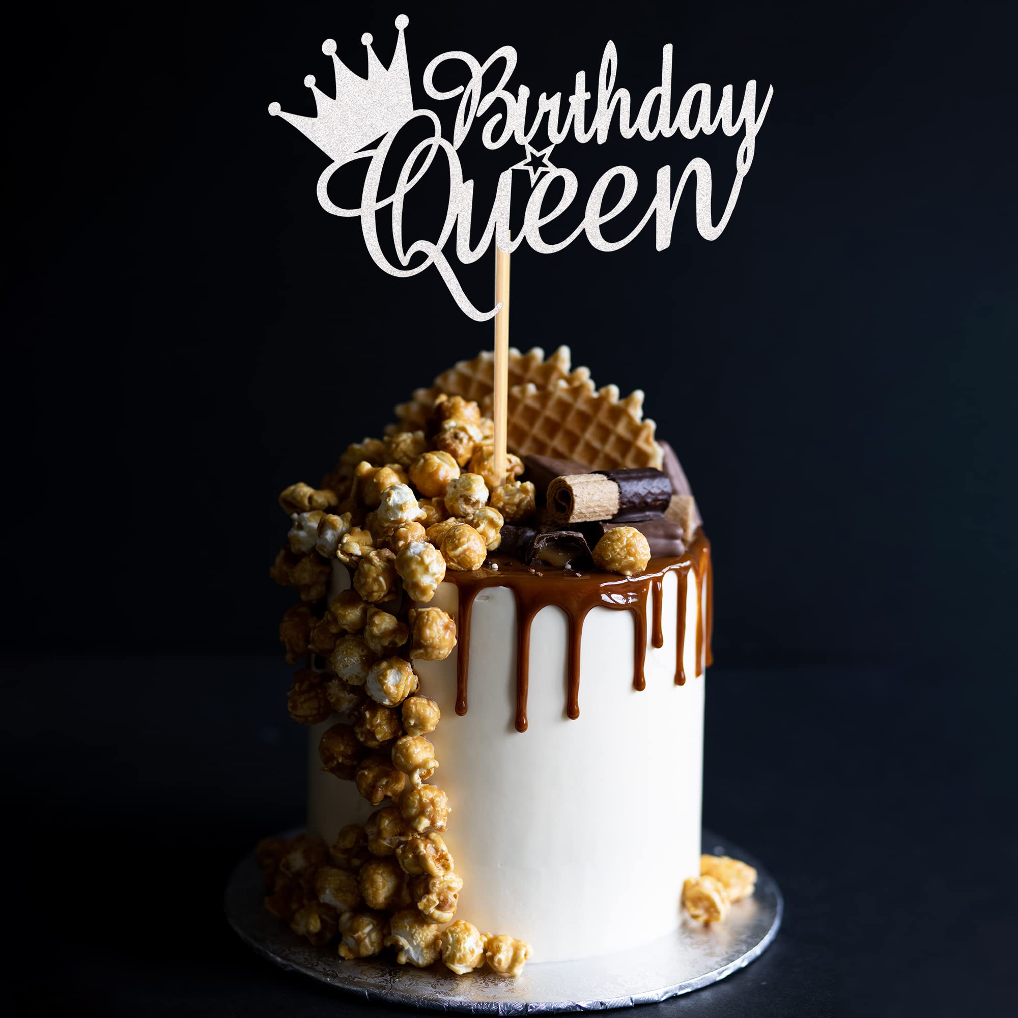 Queen Birthday Cake Topper - Happy Birthday Cake Bunting Decorations for Women, Ladies & Girls - Silver Glitter Cake Picks - Perfect for Birthday Parties, Baby Showers & Wedding Celebrations
