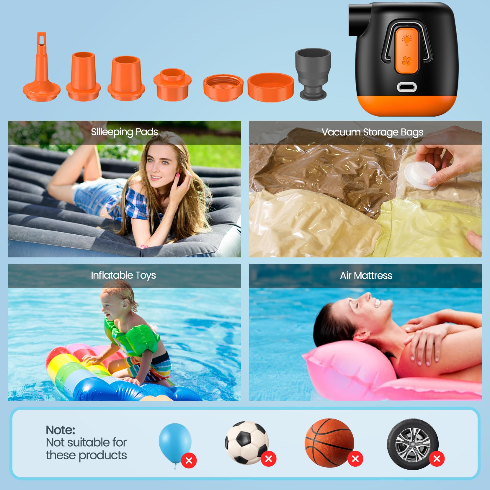 Portable Electric Air Pump for Inflatables - 3600mAh Rechargeable Battery, Fast Inflation/Deflation for Pool Floats, Air Mattress, Swimming Rings, Vacuum Bags - Compact Camping Light Included - Perfect for Travel, Beach, Camping & Home Storage