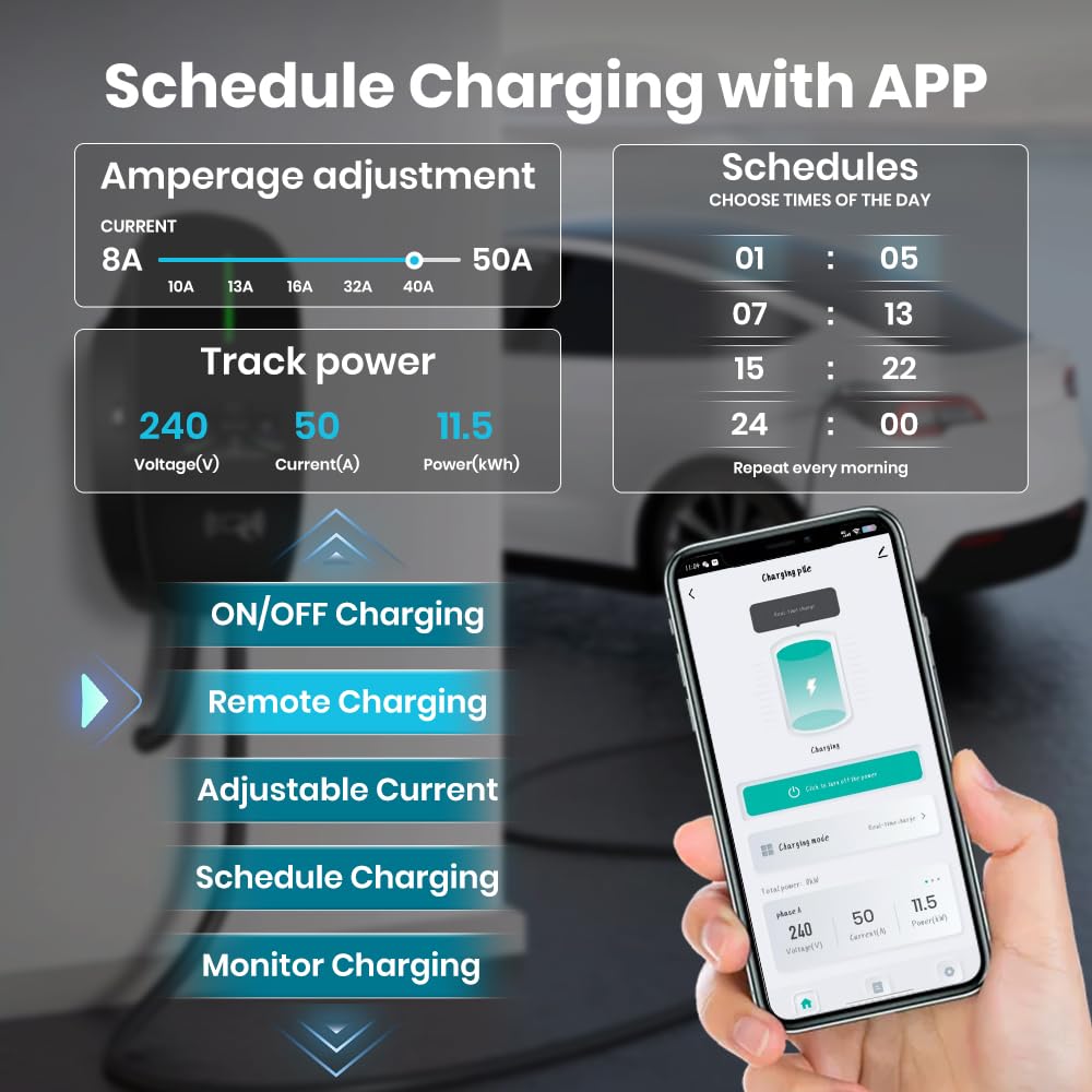 AWESAFE Level 2 EV Charger for Tesla - 48 Amp Smart WiFi Enabled Electric Vehicle Charging Station with NEMA 14-50/Hardwired, Mobile App Control - Indoor/Outdoor Home & Commercial Use for Fast Charging