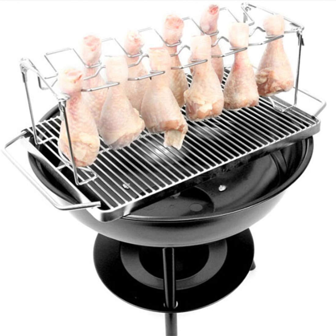 Stainless Steel Foldable Chicken Leg Wing Grill Rack - 12 Slots BBQ Drumstick Roaster Stand with Drip Pan for Smoker, Grill or Oven | Perfect for Backyard BBQ, Camping & Outdoor Cooking