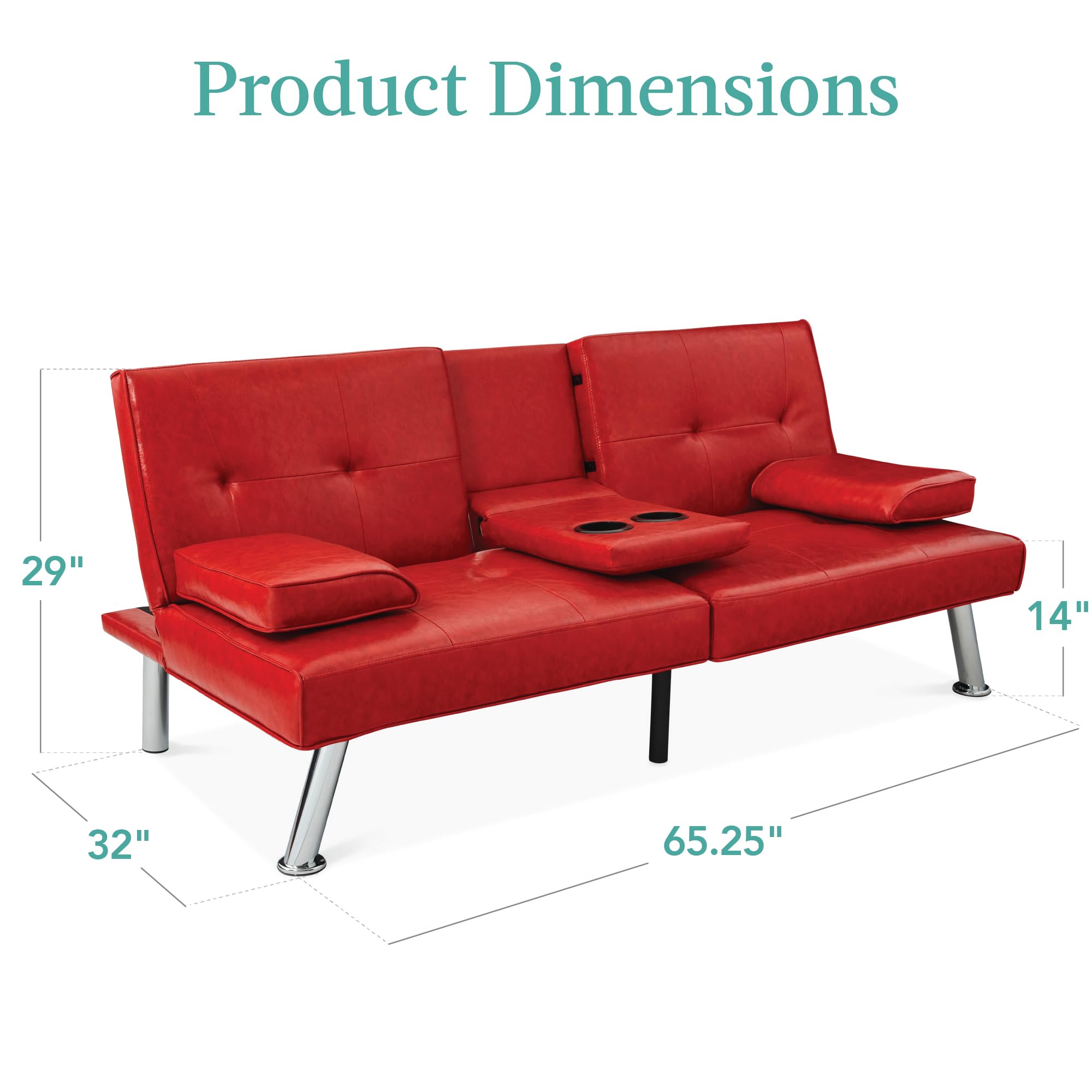 Best Choice Products Faux Leather Convertible Futon Sofa Bed - Adjustable Folding Guest Bed with Removable Armrests, Modern Upholstered Design in Red - Perfect for Small Spaces, Apartments & Home Offices